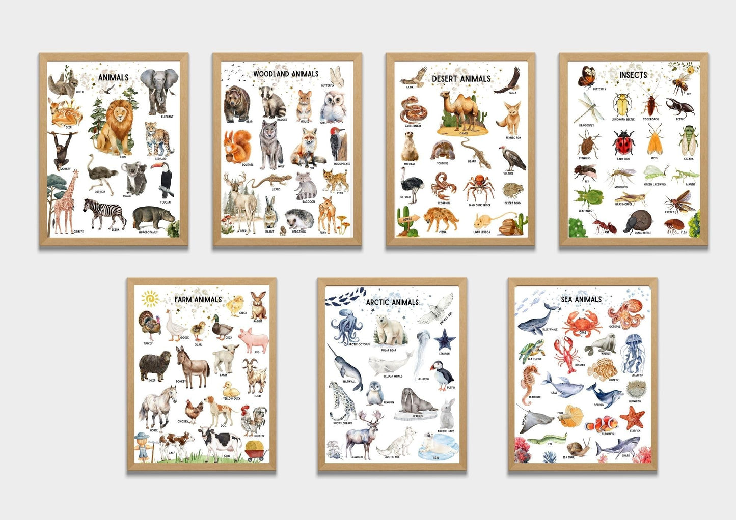 Educational Animal Poster, Preschool Wall Decor for Toddlers Set of 7 Unframed (8''x10'') Kindergarten School, Nursery,Farm, Sea, Desert, Woodland, Arctic Animals & Insects for Kids Room Decor