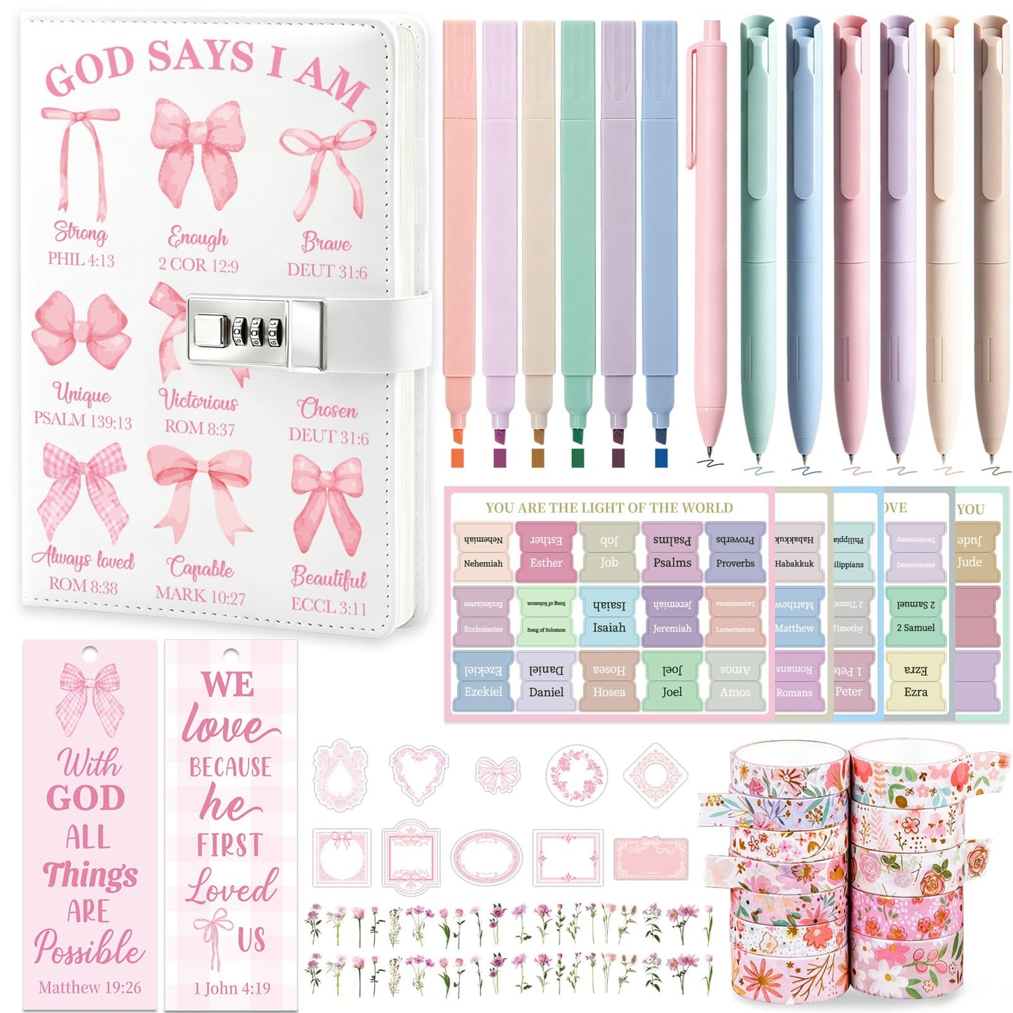 Bible Journaling Kit for Women Teen Girls, 102PCS Bible Study Supplies, Christian Gifts for Women, Bible Journal with Lock, No Bleed Highlighters, Bible Tabs, Stickers, Bible Study Kit Prayer Journal