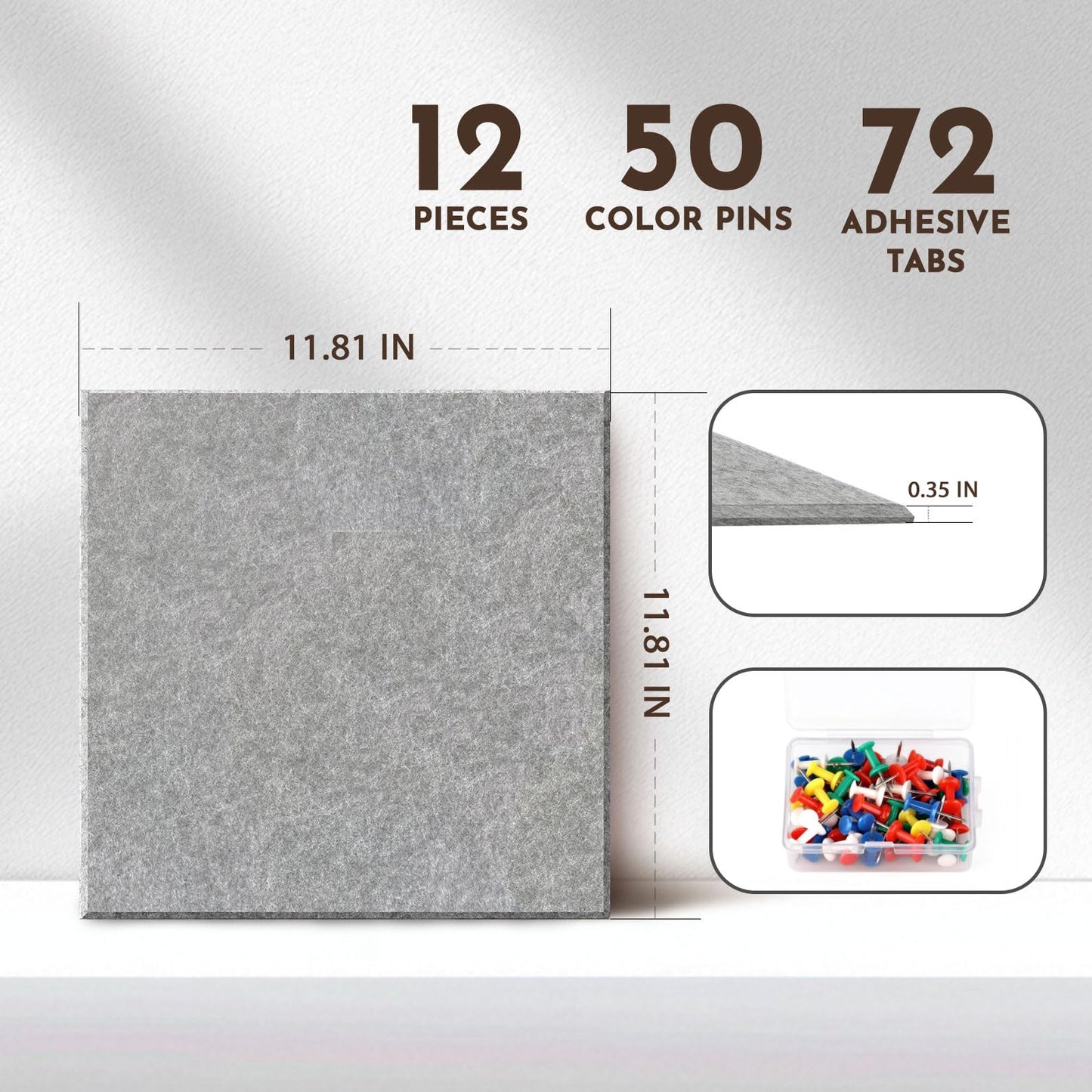 MISSDAY Dark Grey Acoustic Wall Panel Large Felt Bulletin Board 48" x 36" Cork Board for Wall, 12-Pack Boards with 72 Adhesive Tabs, 50 Pins, Pin Board for Home Office Classroom Soundproof Wall Tile