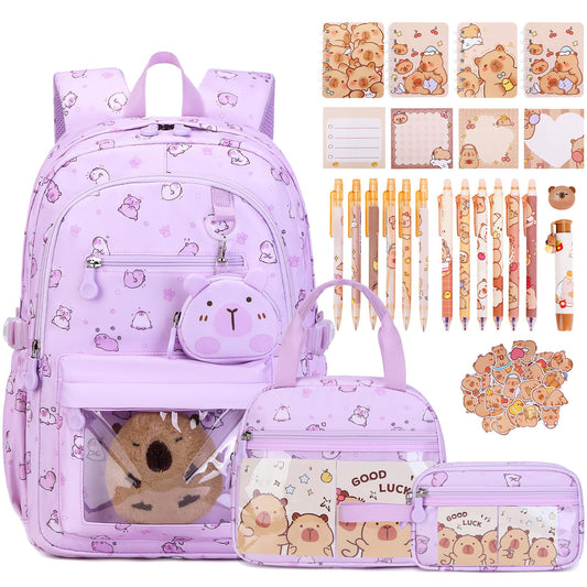 Similove Capybara Theme Backpack for School Girls, 35PCS Kids Backpack Set with School Supplies Stationery Kit Lunch Box Pencil Case, Cute Girls Bookbag for Kindergarten Elementary Student