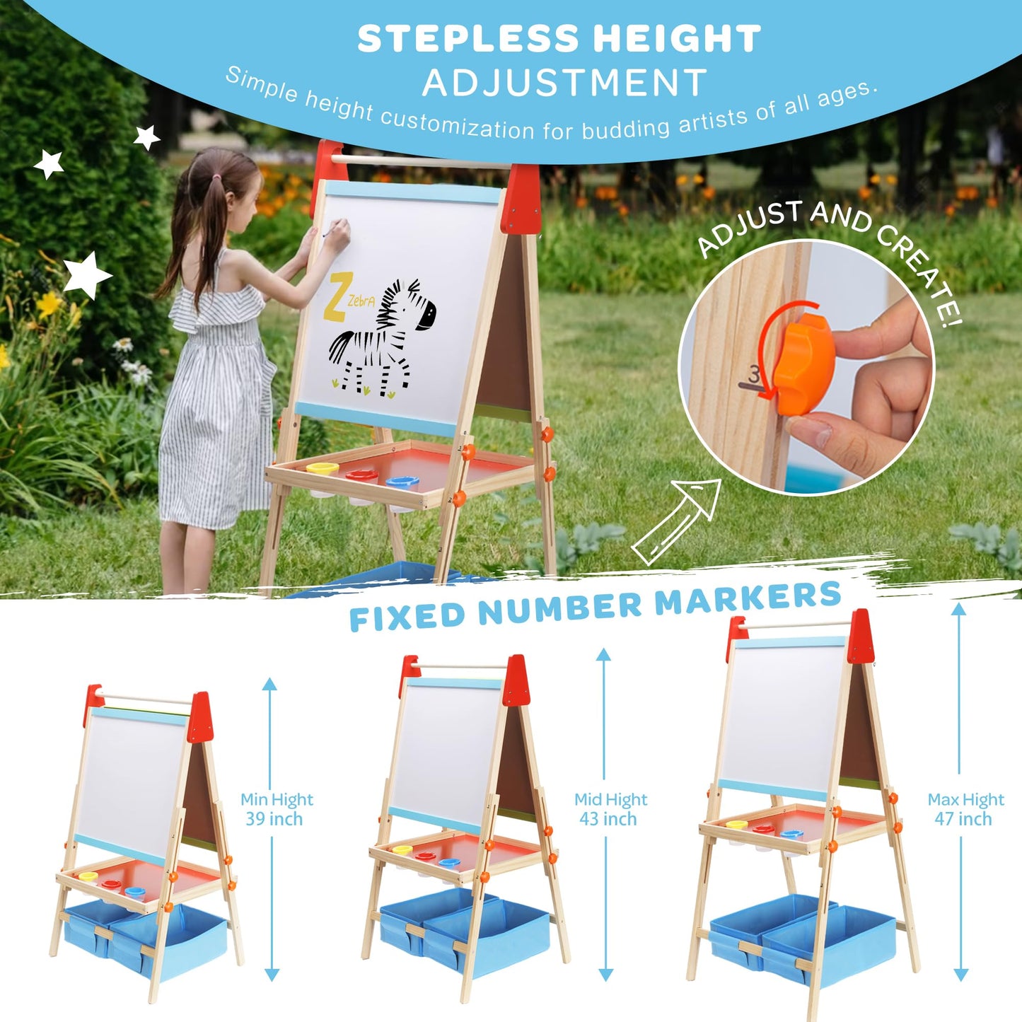 Bpmfkid 3 in 1 Adjustable Kids Art Drawing Easel Set-Sided Magnetic Whiteboard & Chalkboard with Painting Paper Roll - Versatile Art Station Gift for Toddlers, Kids and Childrens Ages 3+