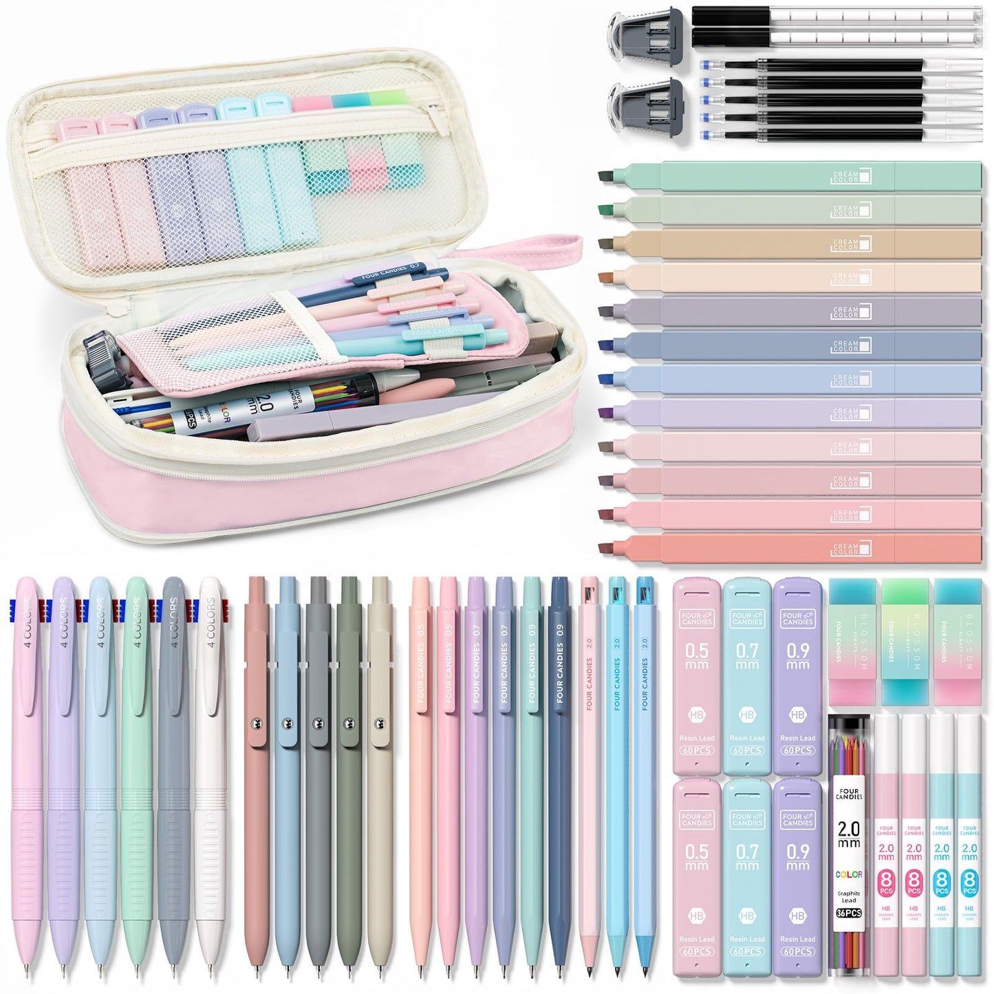 Four Candies 56 PCS Stationery Set, Cute Storage Case with Supplies, 6 Multicolor Pens, 12 Pastel Highlighters, 5 Gel Pens Black Ink, 9 Mechanical Pencils for College Essentials Stuff (Pink)