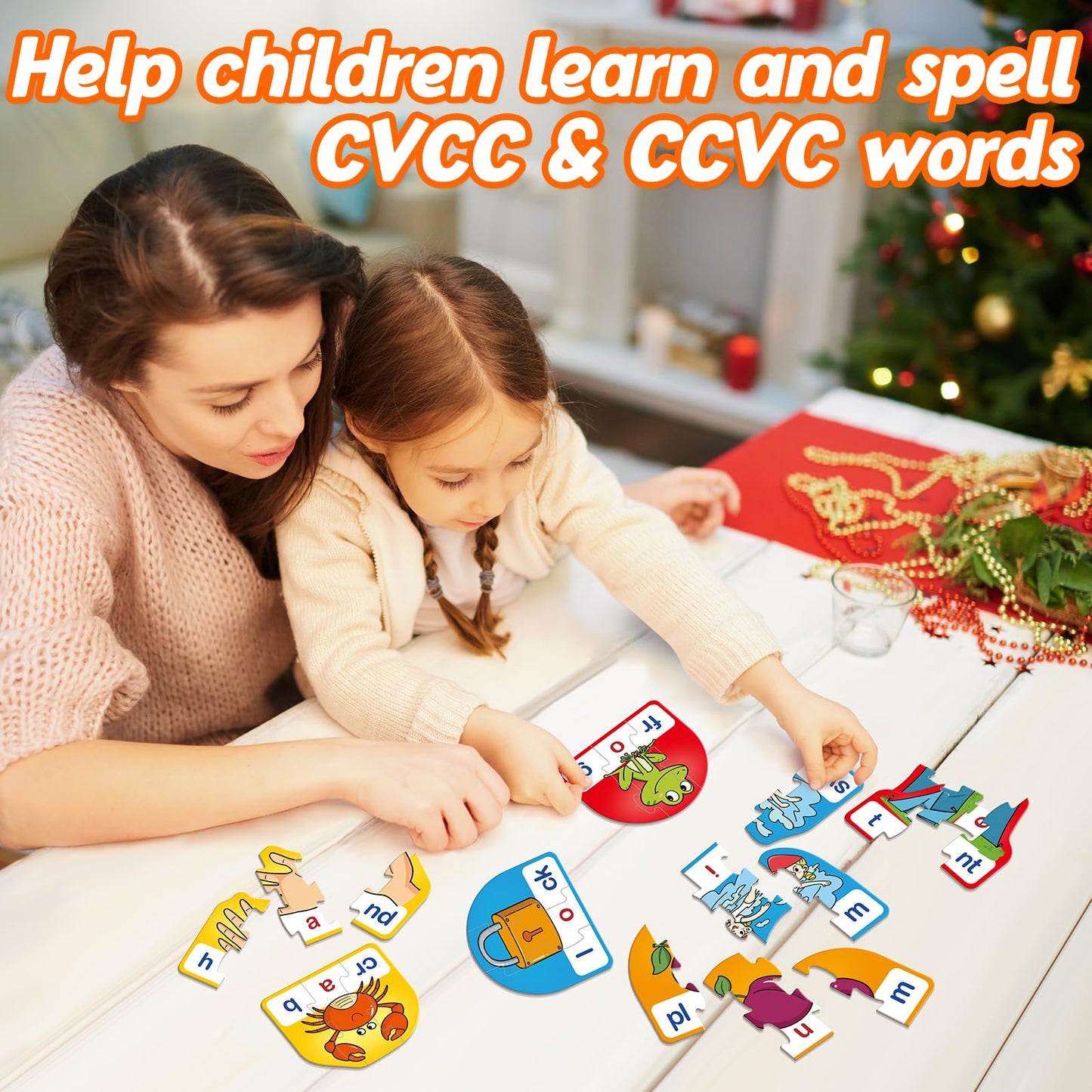 Kasfalci CVCC & CCVC Puzzle Cards for Kids - Word & Phonics Games, Speech Therapy Toys for Toddlers, 4 Alphabet Letter Word Puzzles, Learning Spelling Games