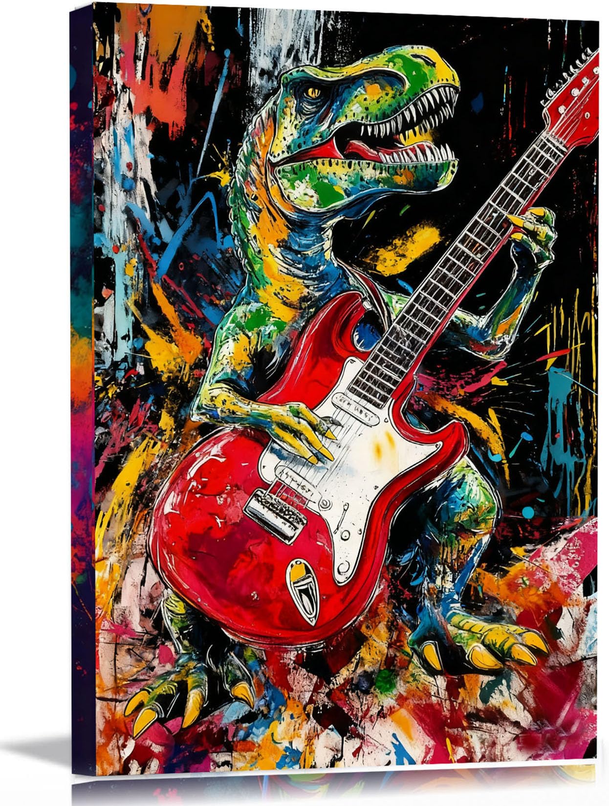 16x24 Graffiti Guitar T-Rex Wall Art Modern Rock Picture Framed Canvas Gallery Pop Prints Cartoon Home Office Decor DJ Dinosaur Urban Posters Funny Bedroom Living Room Kids Nursey Teen Boys Men