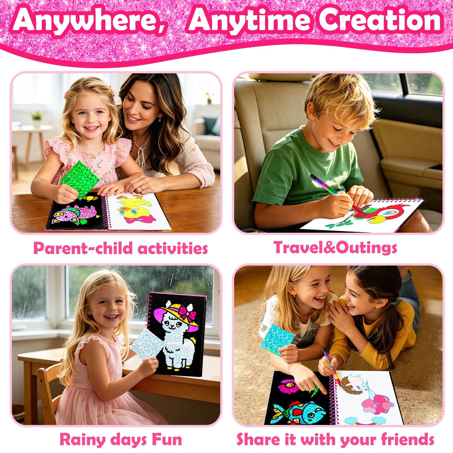 FUNNYB&G Foil Art Craft Kit for Girls 4-10 Years Old: Mess-Free & No-Glue, Create 16 Sparkly Cute Pet Pictures – Perfect Travel Toy & Birthday Gift for Kids（Cute Pet）