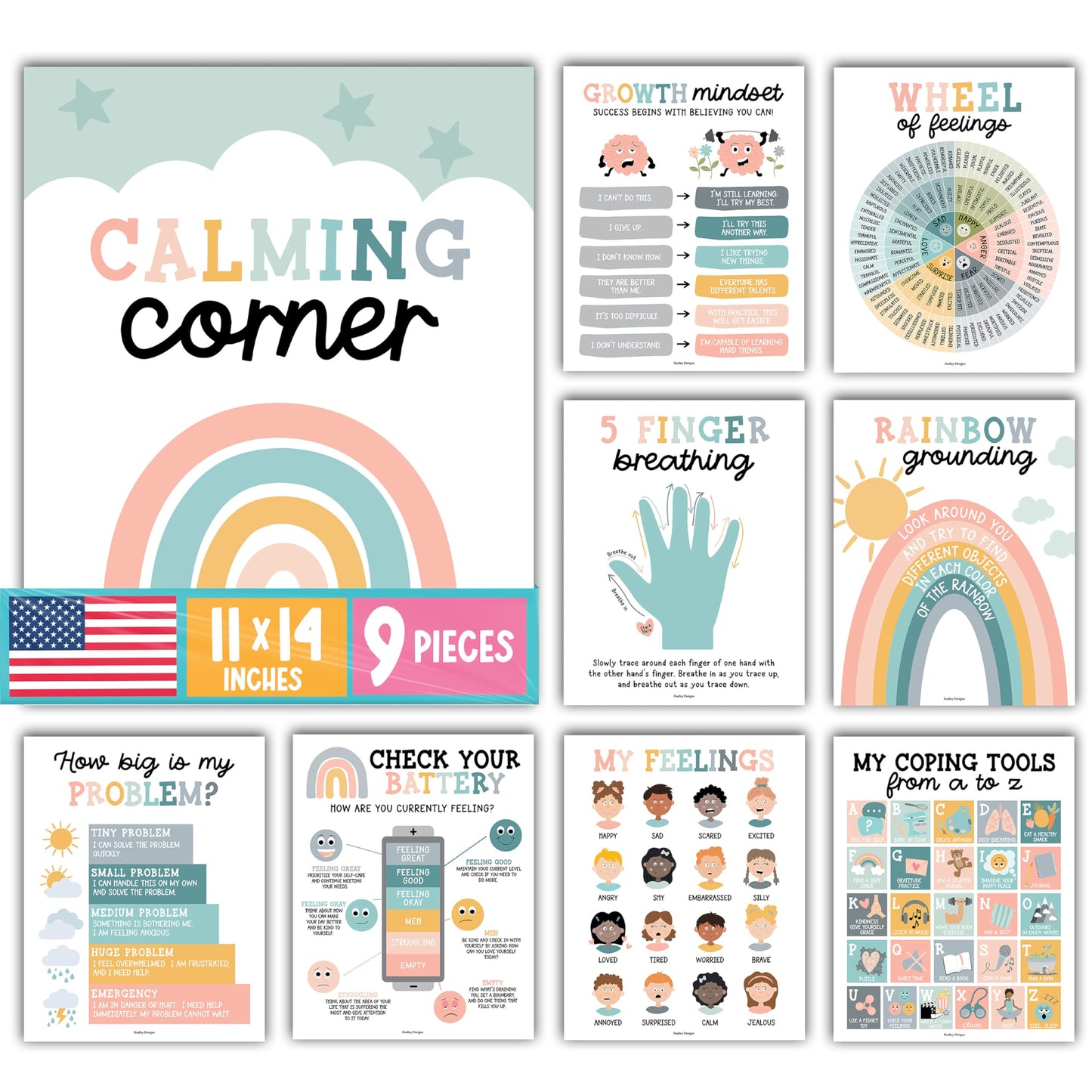 Hadley Designs 9 Calming Corner Posters for Classroom Must Haves - Calm Down Corner Supplies with Emotions Chart, School Counselor Mental Health Poster, Feelings Chart For Kids, Boho Classroom Decor