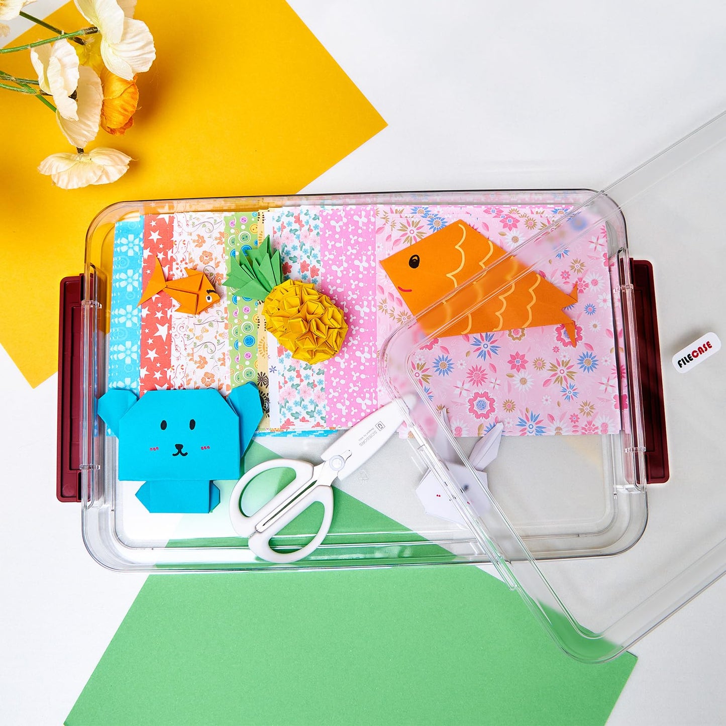 CATOOMUU A4 Storage File Box 9 X 13 Clear Stackable Slim Plastic Portable Project Case For Letter Paper Photo Documents Scrapbook, 3 Count