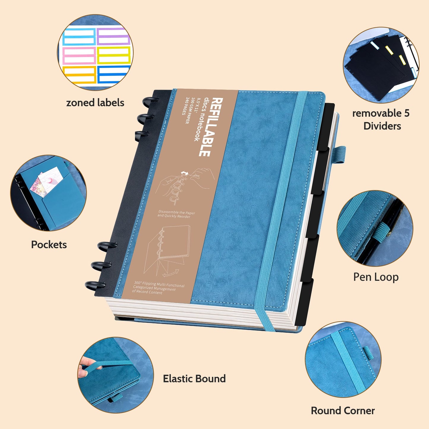 Yoment Refillable Notebooks for Work 5 Subject with Removable Dividers Tabs 240 Pages Hardcover Leather Journals for Writing Large Discbound Planner Colleged Ruled Paper for Women Men 8.58 x 11,Blue