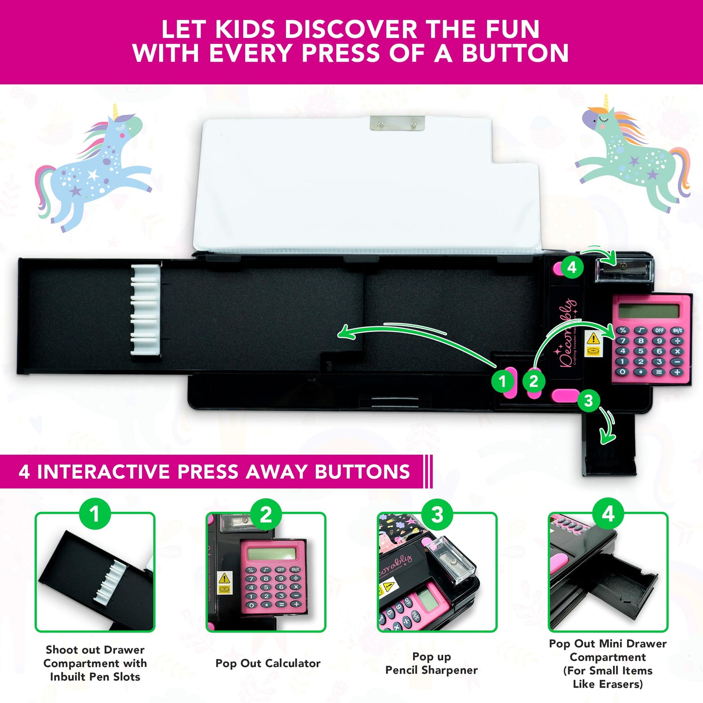 Decorably Unicorn Pop Up Multifunctional Pencil Case with Compartments, Calculator, Sharpener, Pen Slots, Mini Drawer and 2 Main Sections with Magnetic Closure - Back to School Gift for Kids