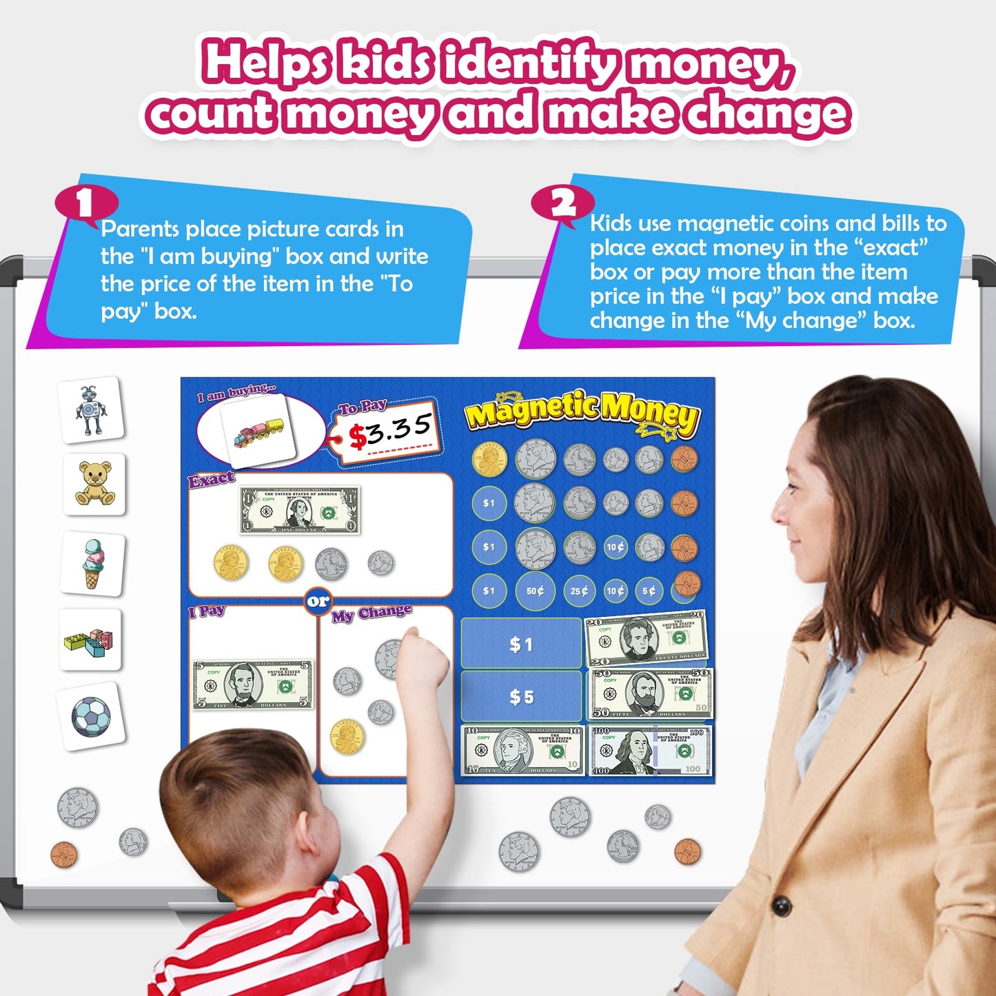 Kasfalci 73 PCS Magnetic Money for Kids for Learning, Math Manipulatives, Learning & Education Toys for Classroom, Pretend Play, Math Games for Toddler, Teacher and Homeschool Supplies