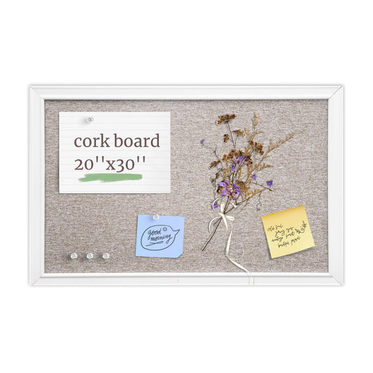 VUSIGN Linen Bulletin Board, 30'' x 20'' Large White Cork Board Decorations, Wall Mounted White Framed Cork Boards, Fabric Pin Boards for Walls with 10 Pushpins for Home, School, Office