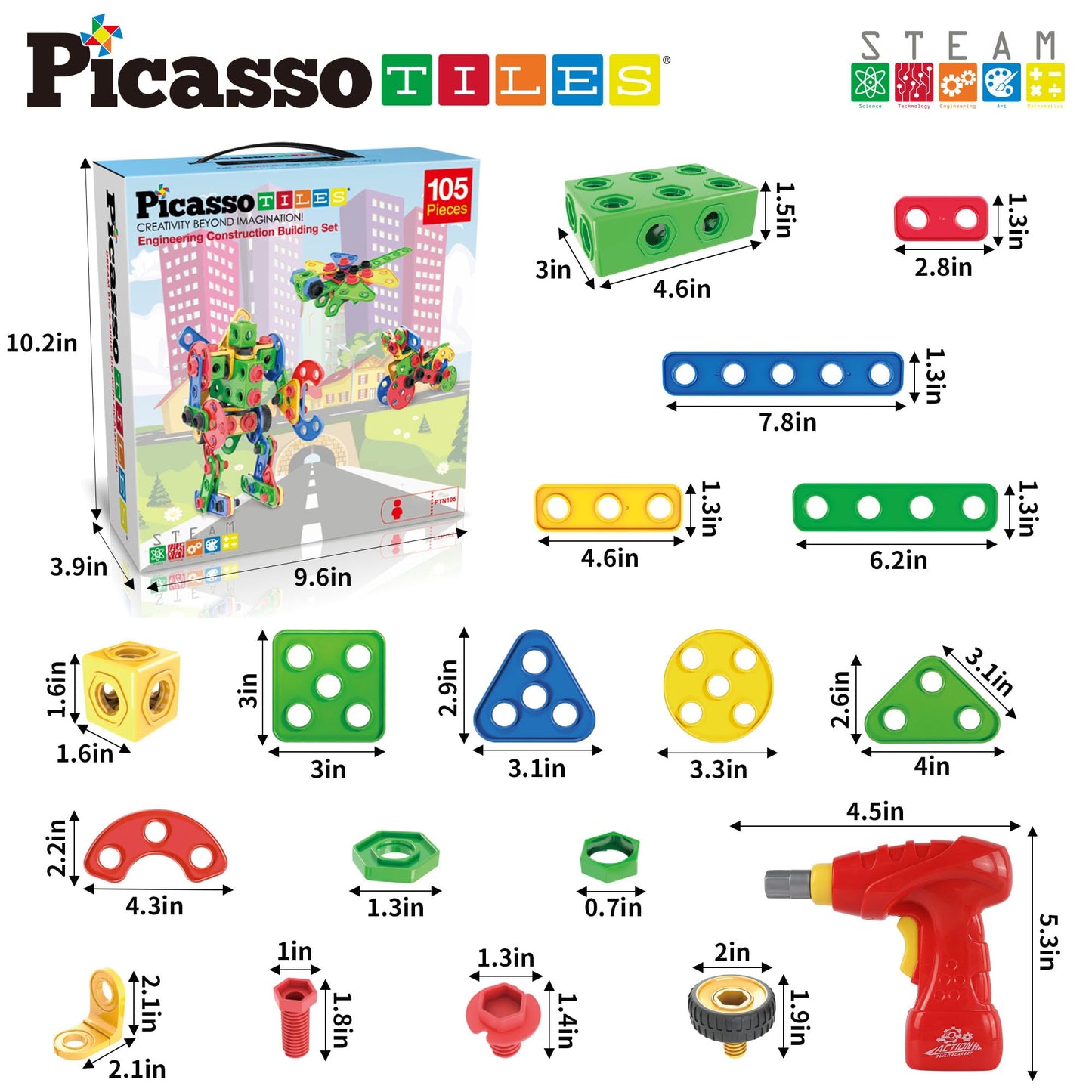 PicassoTiles STEM Learning Toys 105 Piece Building Block Set Kids Construction Engineering Kit Toy Blocks Children Early Education Playset w/IdeaBook, Power Drill, Clickable Ratchet, Age 3+ PTN105