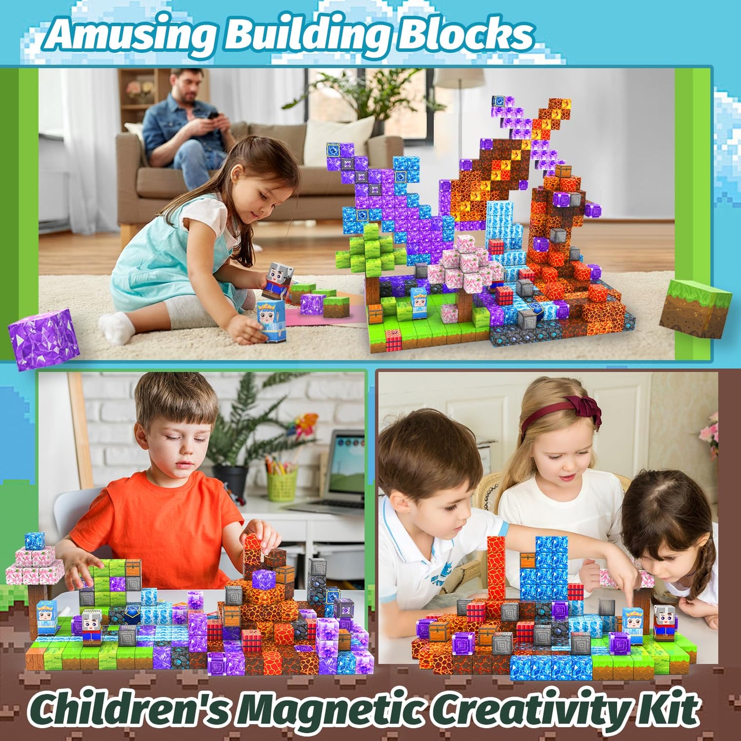 CEMECER 100PCS Magnetic Blocks, Stacking Magnetic Building Blocks Toys for Kids, Sensory Montessori Construction Game Magnetic Build Cube Tile Toys.