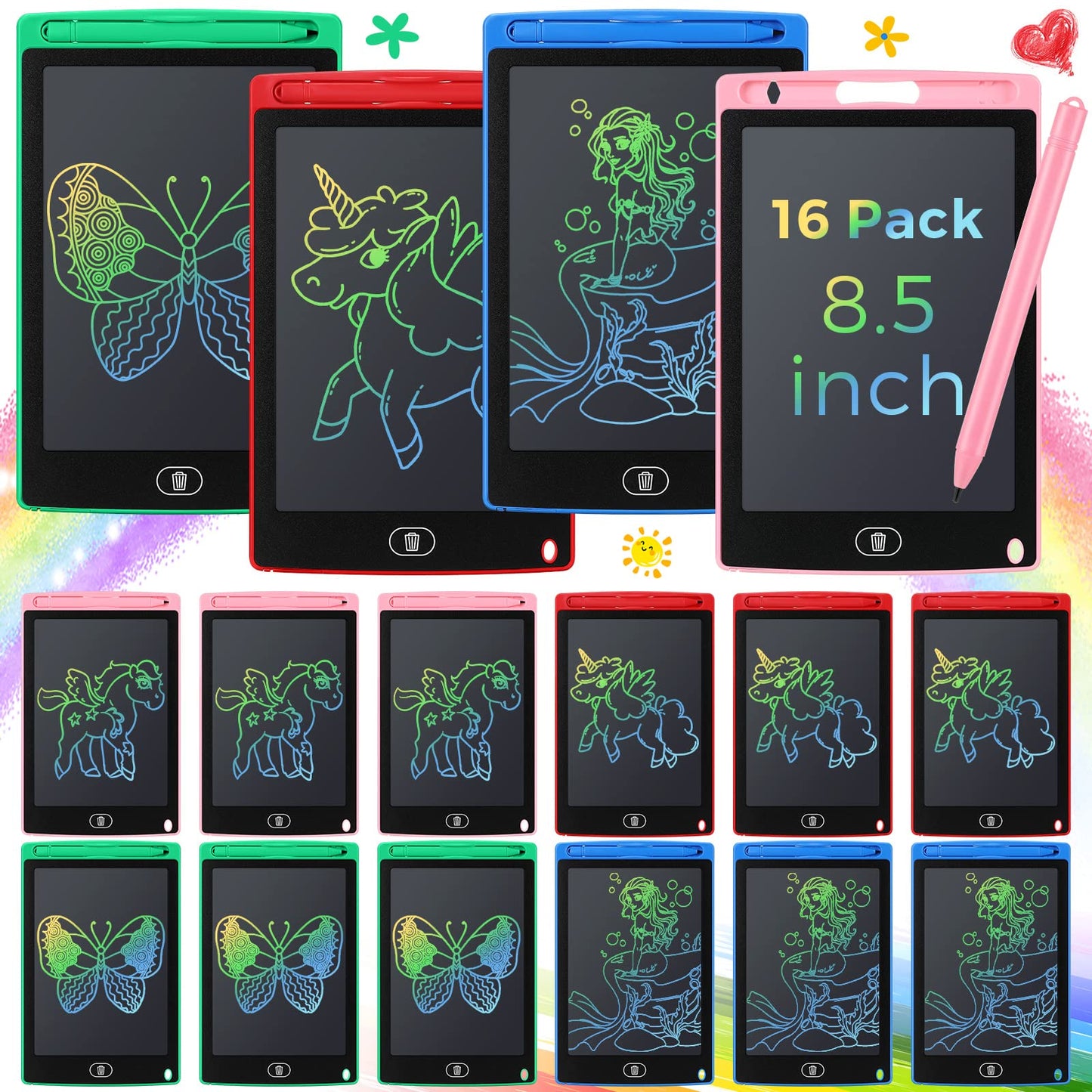 Epakh 16 PCS LCD Writing Tablet for Kids - 8.5 Inch Reusable Writing Board Drawing Doodle Pad Gift for Girl & Boy, Toddlers, Back to School, Birthday Party Favors(Blue, Green, Pink, Red)