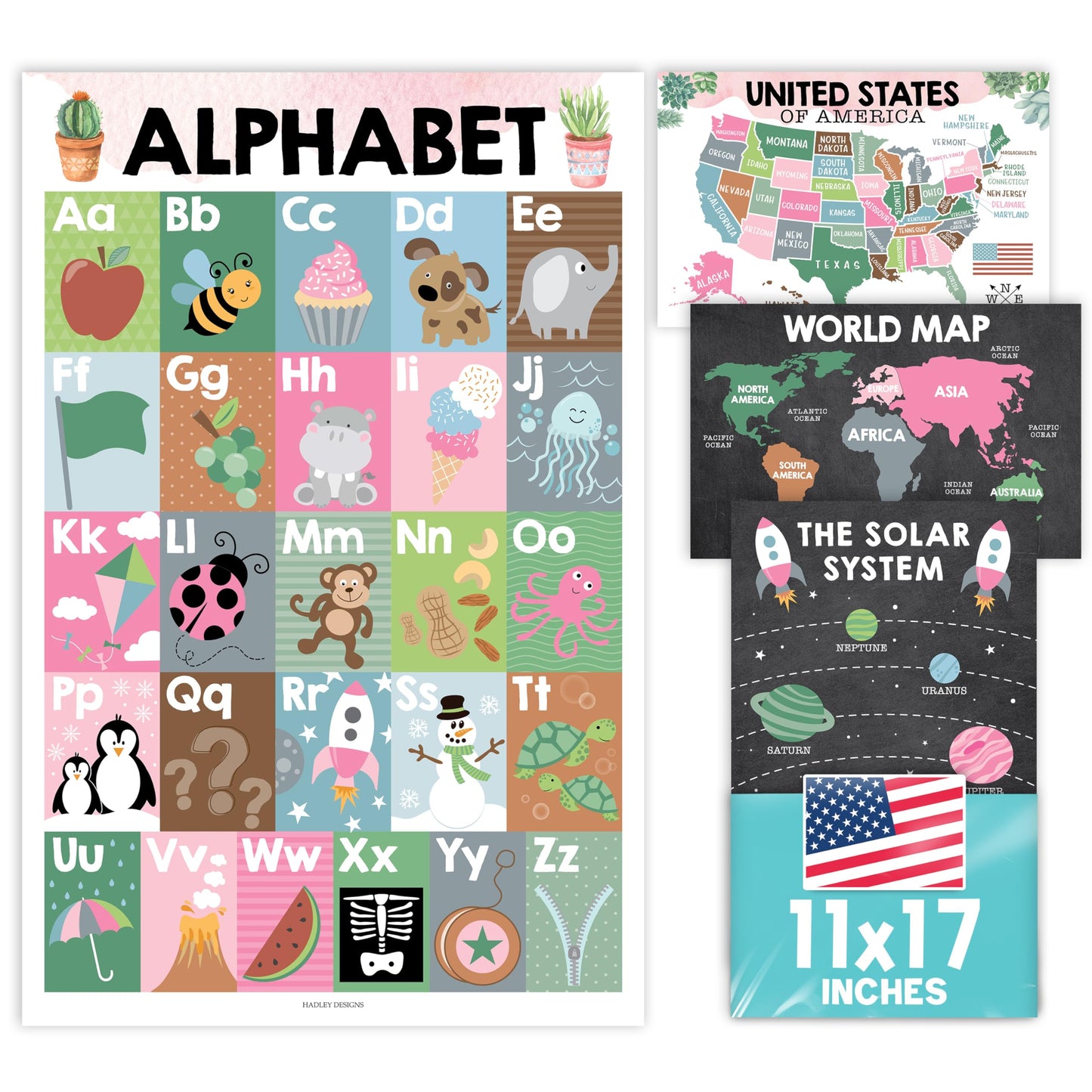 Hadley Designs 4 Alphabet, Map of United States, World Map, & Solar System Posters - Laminated ABC Charts for Toddlers Wall Decor, Cactus Posters for Kindergarten, Prek Classroom or Homeschool 11x17