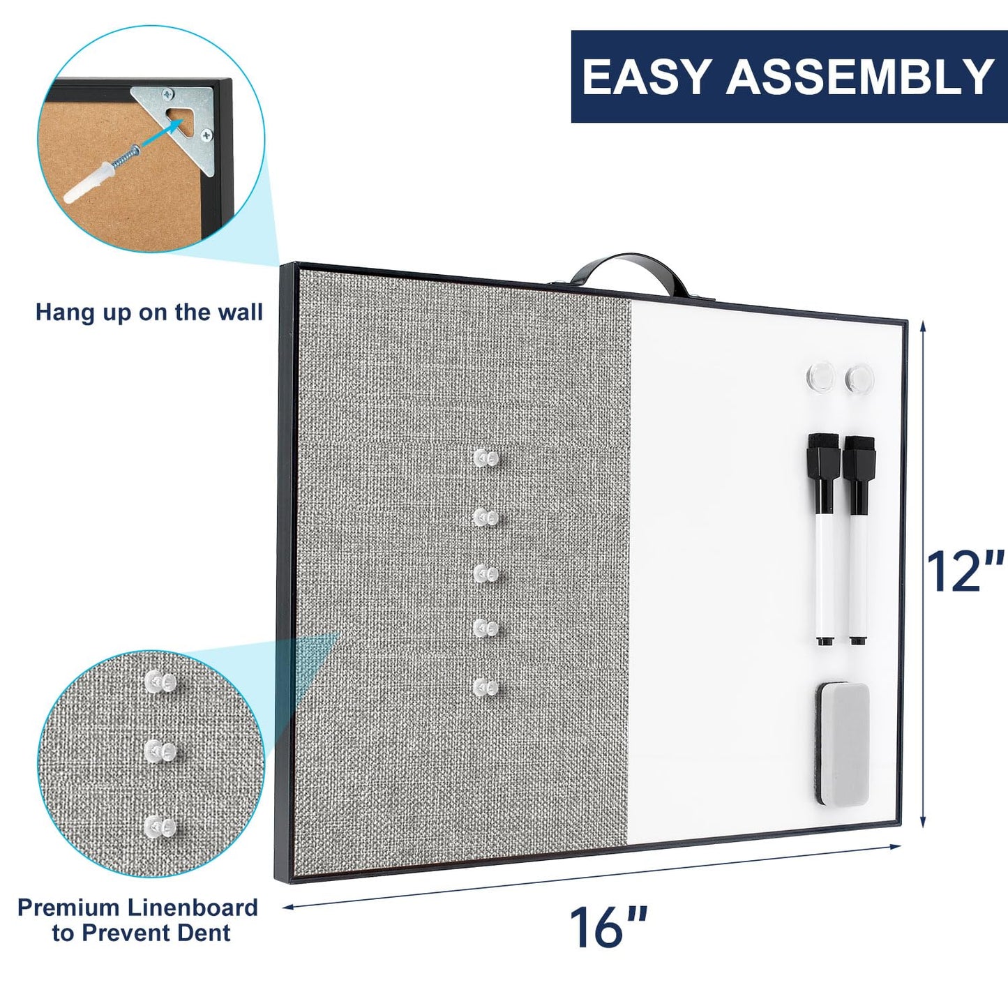 Small White Board Cork-Board Combo - 16 X 12 inches Gray Linen Board & Magnetic Dry Erase Board for Wall, Mini Bulletin Cork Board with Holder for Office, Home and School