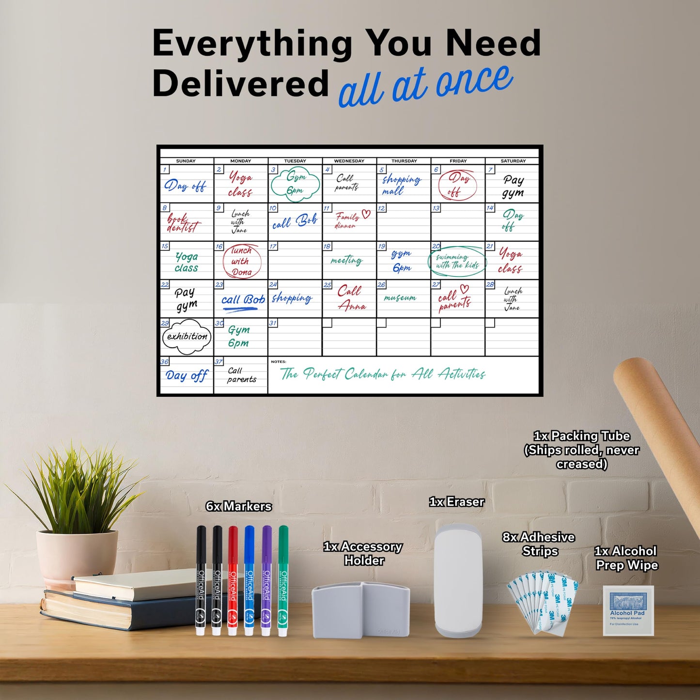Yearly Large Dry Erase Calendar for Wall 24x36, for Year Family 12 Month, Undated Big Erasable Office, Rolled Whiteboard White Board, Classroom Annual Calendar Planner Dry Erase 36x24 Wall Reusable