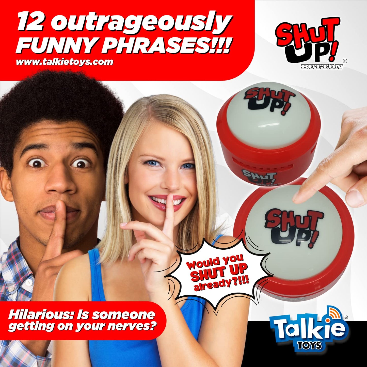 Talkie Toys Products Shut Up Button – 12 Funny Shut Up Sayings – Hilarious Talking Toy for Games, Trivia, Stress Relief, Office Humor and More