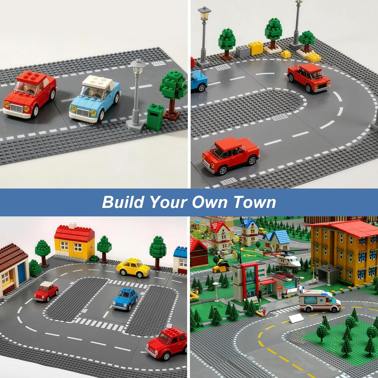 6 Pack Road Base Plates for Building, Compatible with Lego Classic Bricks, 10” x 10” Baseplates Fits for Lego Roads, Road Base Plates for City Sets (Attached DIY Stickers)