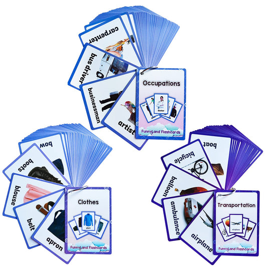 Lilias Transportation/Clothes/Occupations Flash Cards - English Words Pocket Card for Toddlers, Learning Toys, Supplies for Kindergarten Preschool, 3 Themes Set