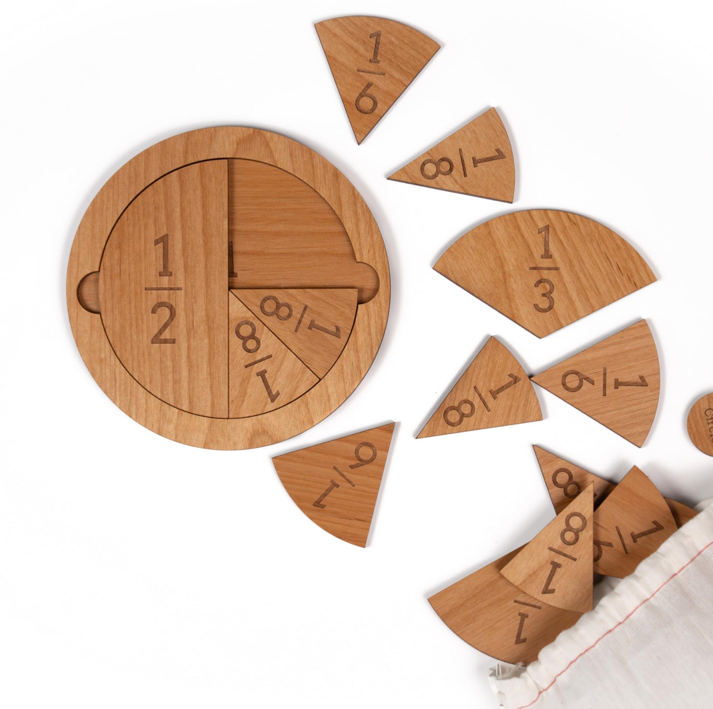 Fraction Tiles - Laser Engraved Alder Wood - Includes 5 inch Tile Holder and Fraction Tiles (78 Tiles)