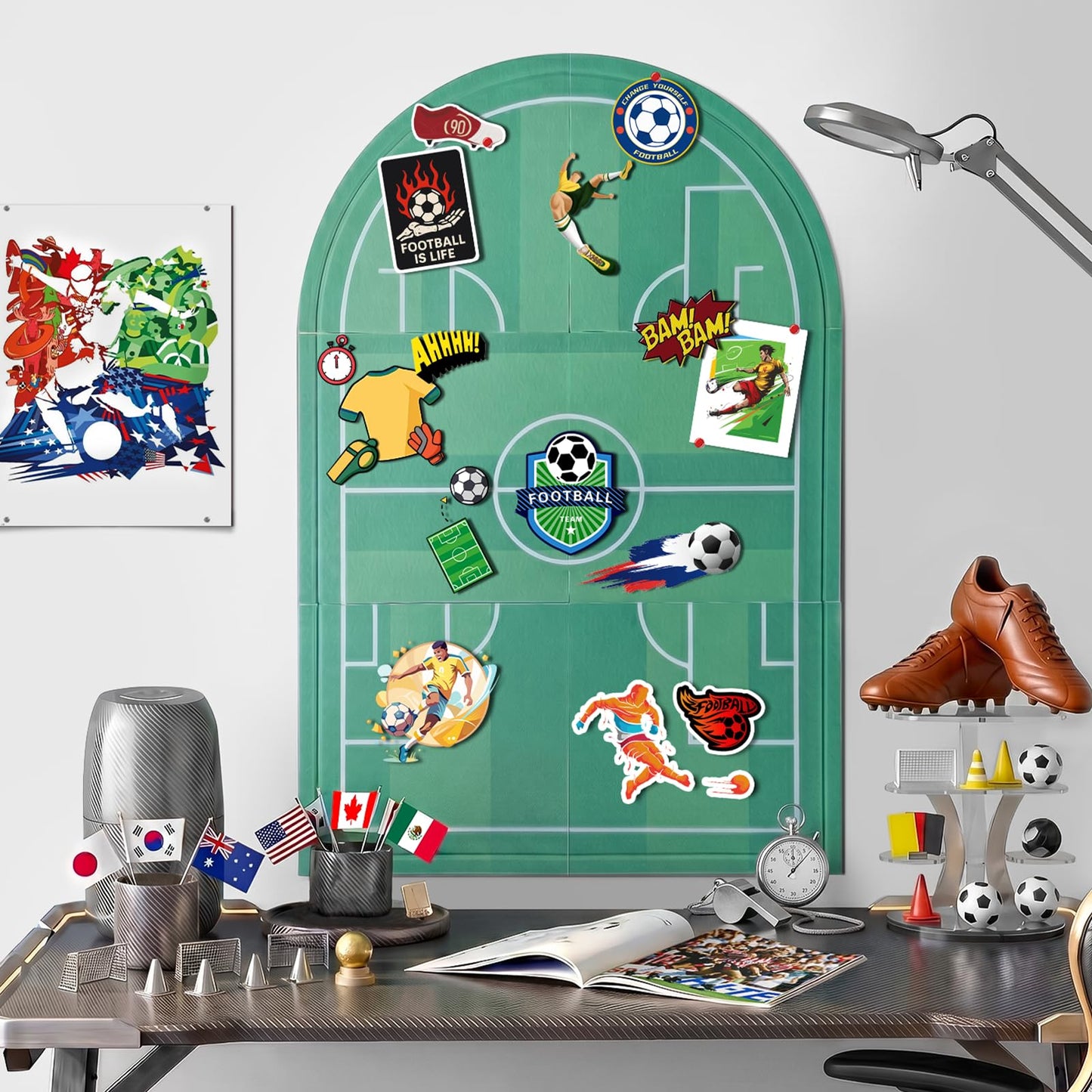 APOBATK Arched Felt Bulletin Board Soccer Field Design, 35" x 24" - 6 Tiles Soccer Room Decor for Boys, Sports Wall Decor Pin Board for Bedroom Office Photos & Notes