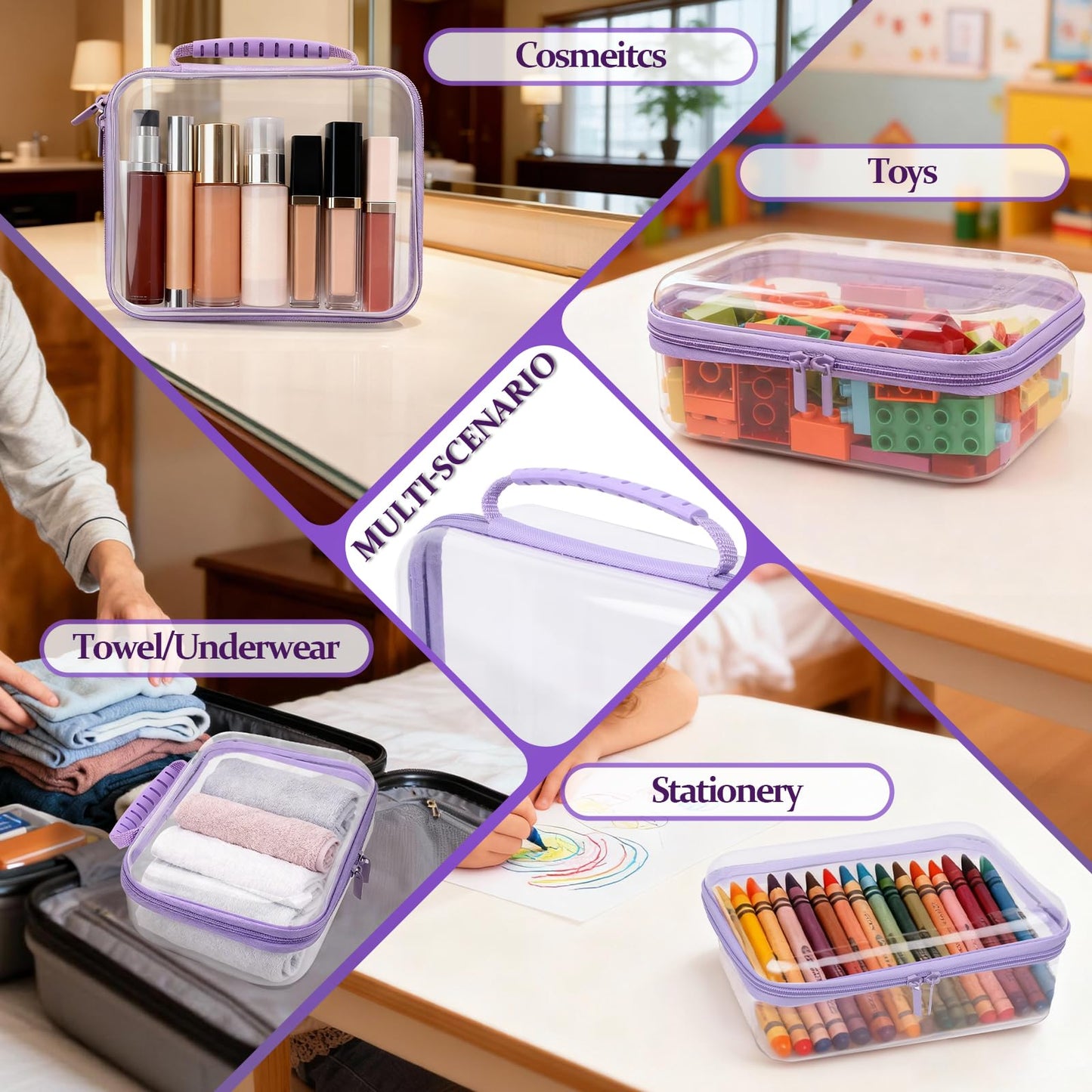 JeeVoya 3 PCS Clear Zipper Pouches with Handle, Diaper Bag Organizer, Clear Makeup Bags Hardshell Toy Storage Bins with Zipper Toiletry Pouch Bag for Cosmetics Pencils Puzzles, Building Blocks(Purple)