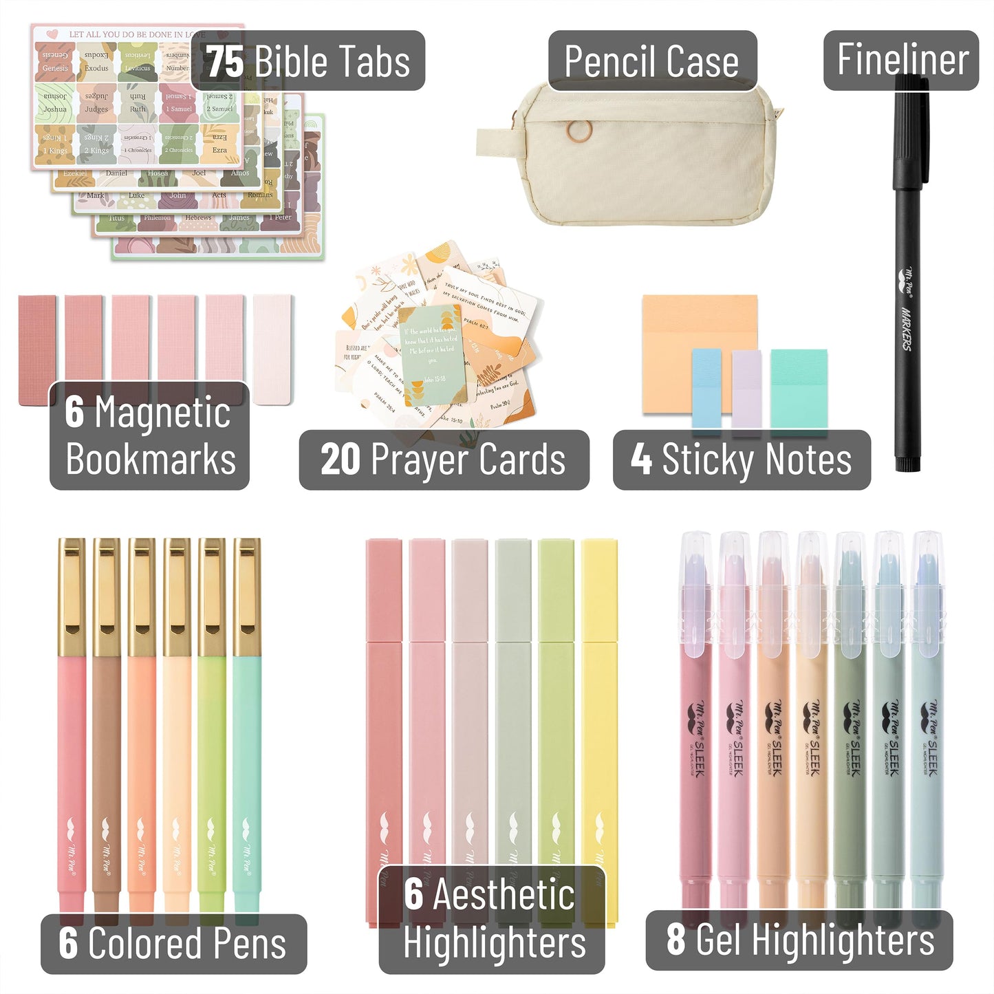 Mr. Pen- Bible Journaling Kit for Women, Bible Highlighters and Pens No Bleed, Pencil Case, Fineliner, Prayer Cards, Tabs, Magnetic Bookmarks, Transparent Sticky Notes, Christian Devotional Gifts