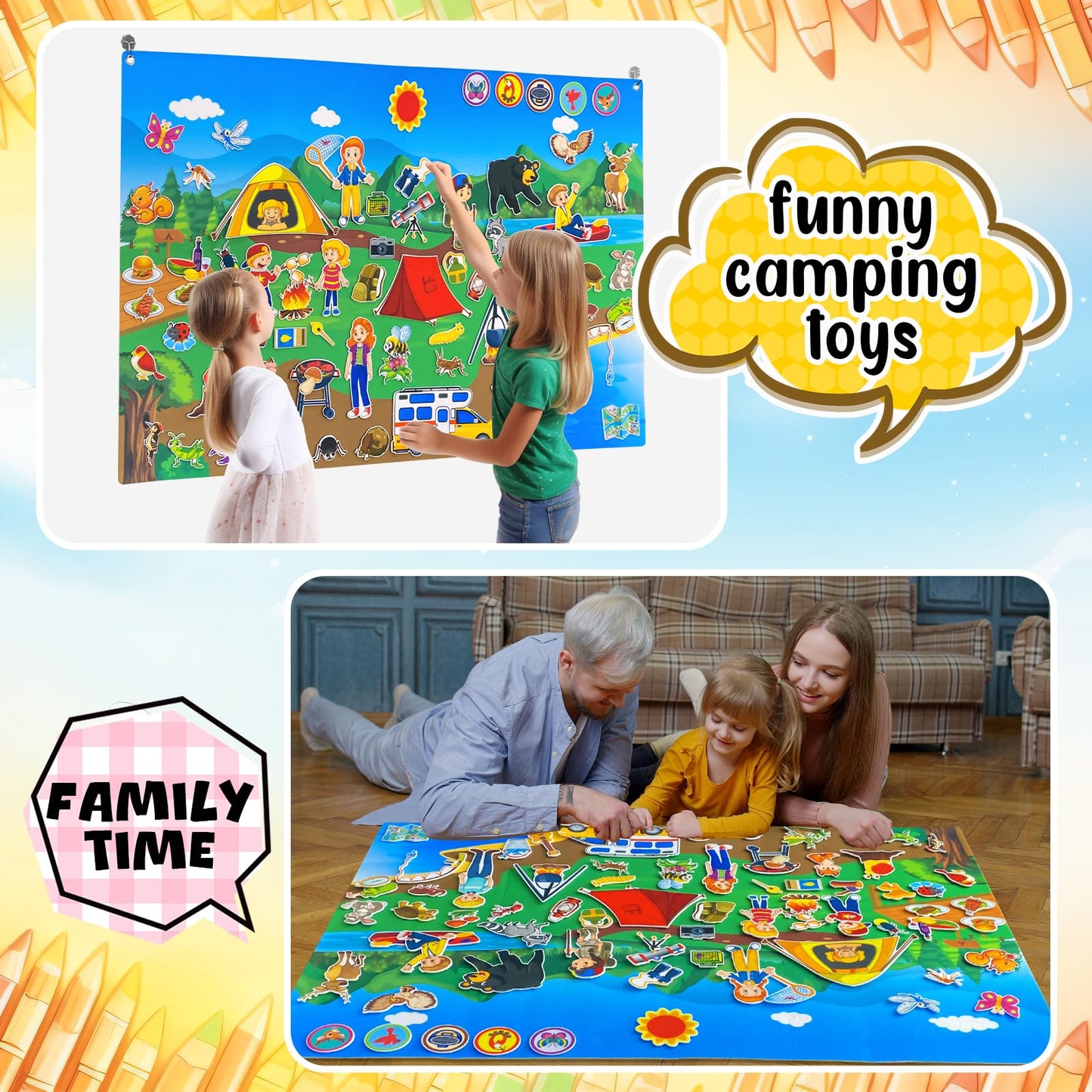 PENGFULL Camping Theme Felt Story Board Set,44 * 28in Flannel Board for Wall,65 Felt Pieces,Theme Story Preschool Storytelling,Learning Interactive,for 3 Years +,Gift for Toddlers Kids Children
