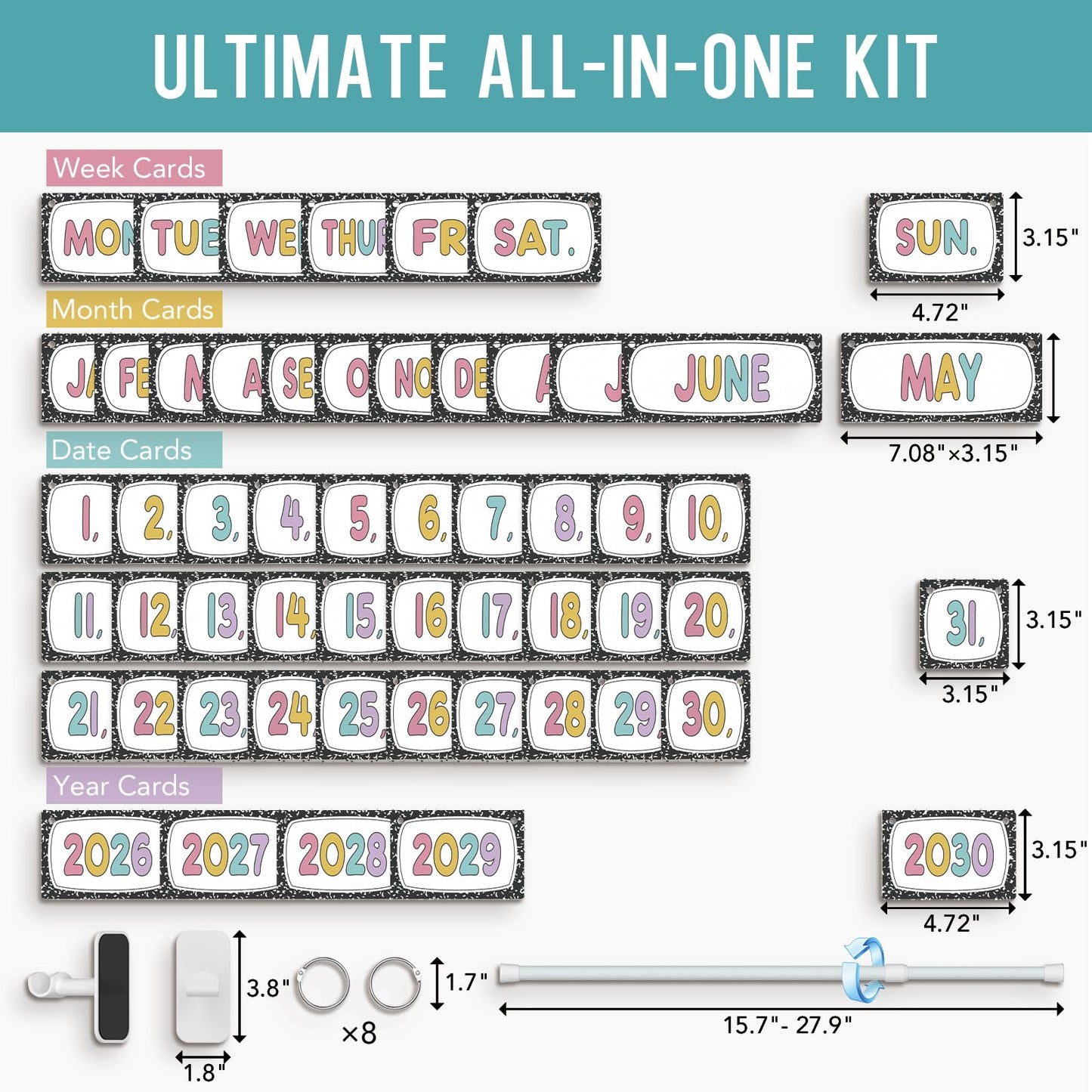 Magnetic Flip Calendar for Classroom - Composition Notebook Date Flip Calendar Set with Magnetic Rod for Classroom Home Whiteboard, Pastel Back to School Decor for Teacher Supplies