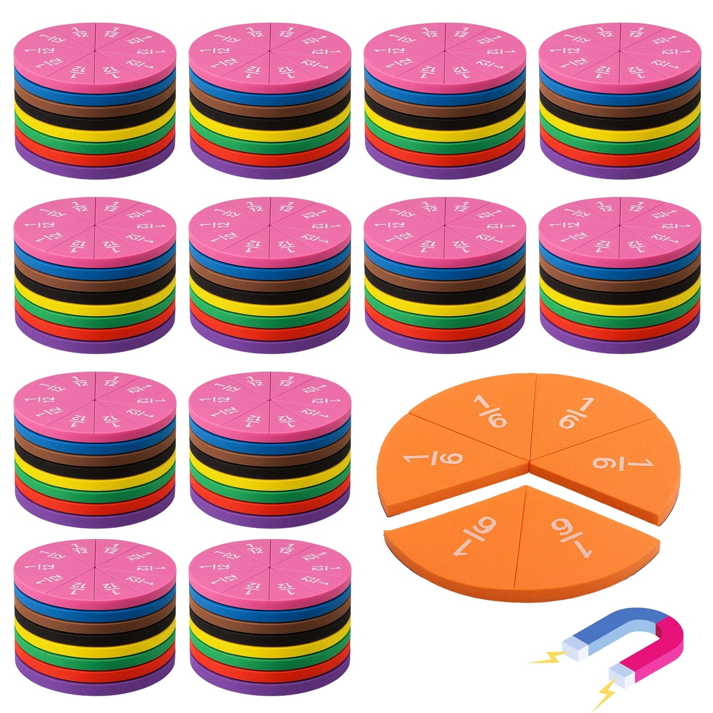 EHR Magnetic Fraction Circles Bulk Classroom Set, Fraction Manipulatives for Elementary Math Teachers, Hands-On Fraction Learning Tools, 12 Sets
