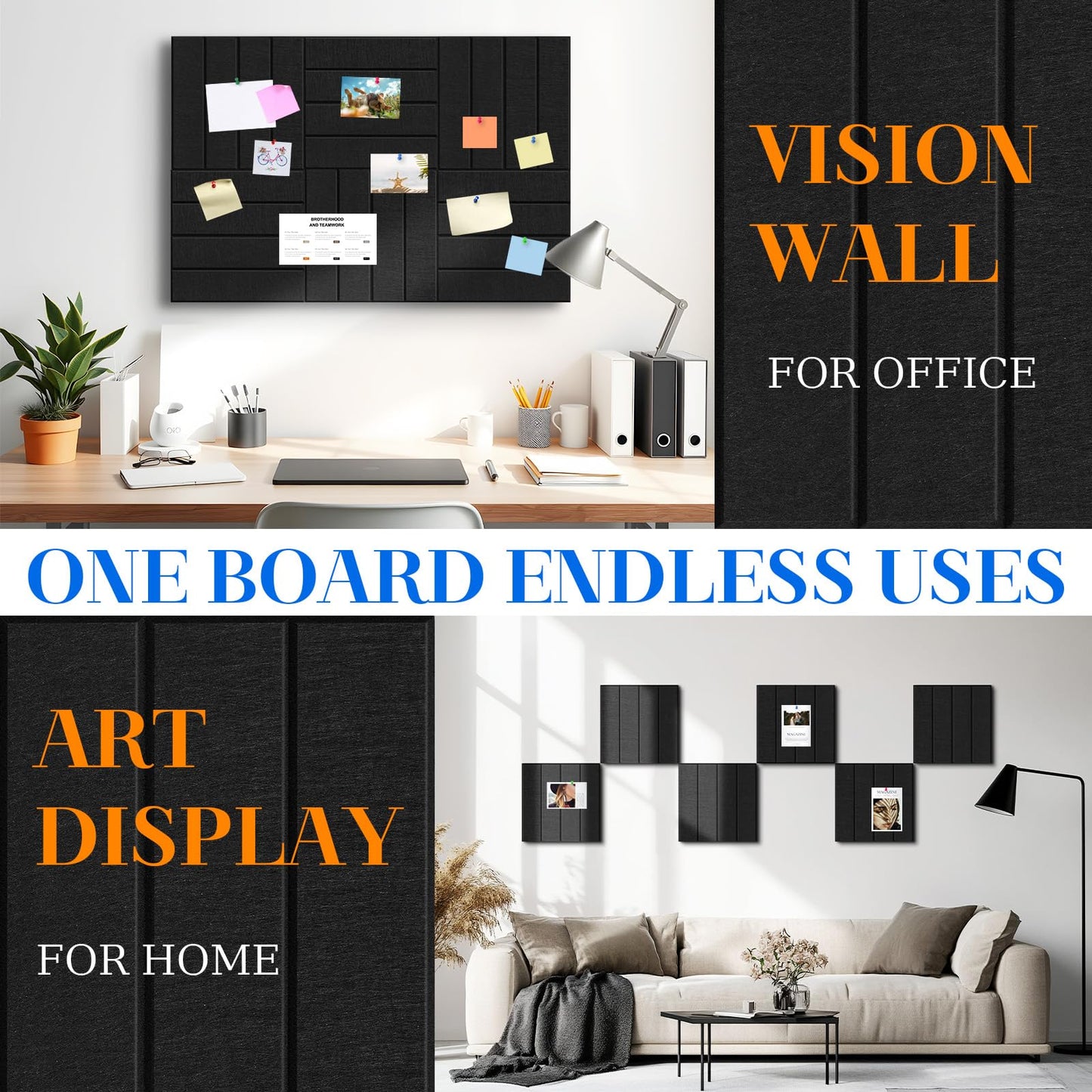 DOLLAR BOSS Felt Cork Board Tiles, 6 Packs 12" x 12" 1/2" Thick Bulletin Board Adhesive Acoustic Panels Soundproof Corkboards for Walls with 60 Pushpins for Home Office Kitchen School, Black Stripe