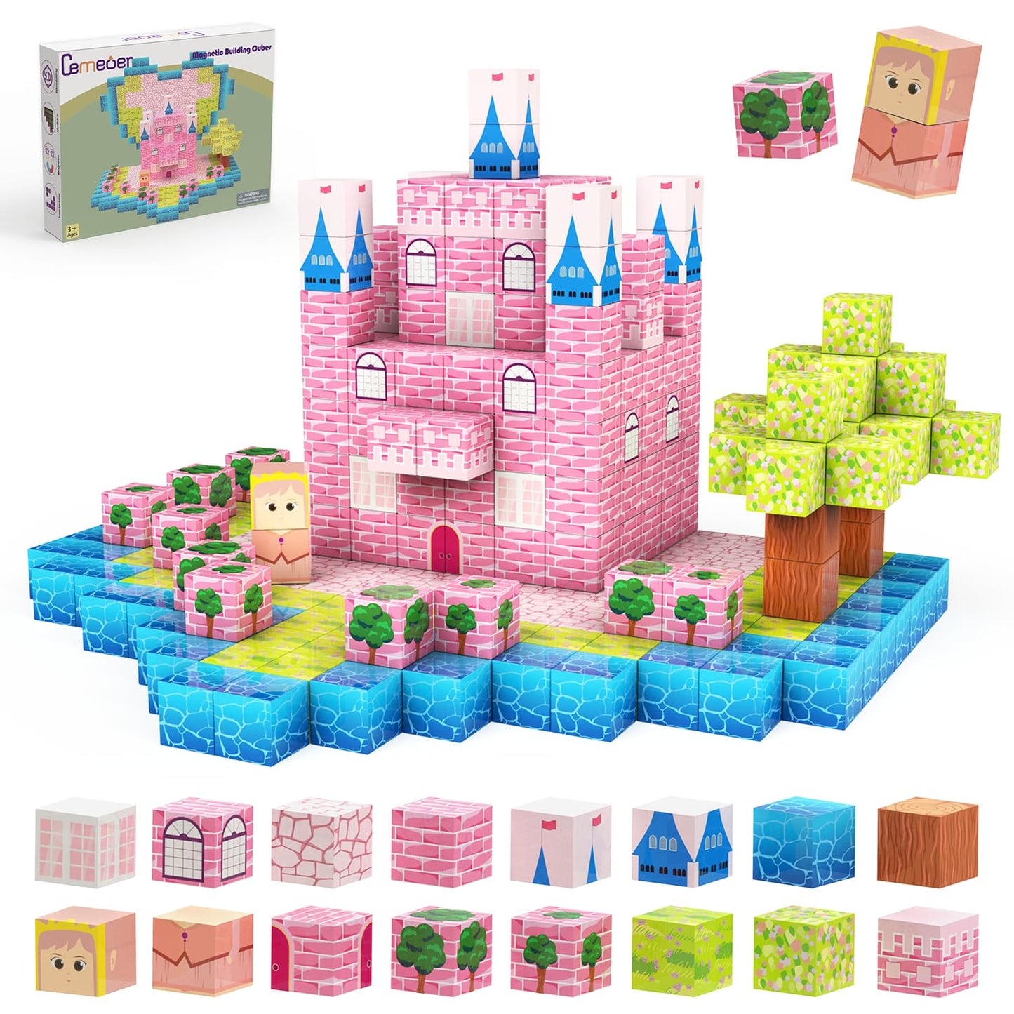 CEMECER Magnetic Blocks, 48PCS 1in Princess Magnetic Building Blocks Toy for Kids Build Cubes, Stacking Magnetic Tiles, Sensory Montessori Construction Toys, Boys Girls Christmas Birthday Gifts.