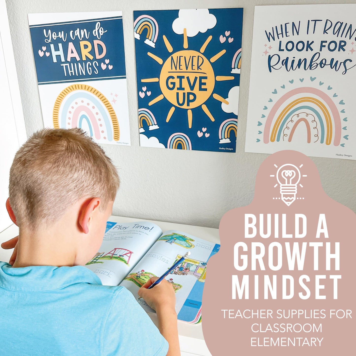 Hadley Designs Motivational Poster for Classroom Decor - 9 Growth Mindset Classroom Posters Elementary, Inspirational Wall Decor Middle School, Teacher Must Haves, Boho Bulletin Board Decorations
