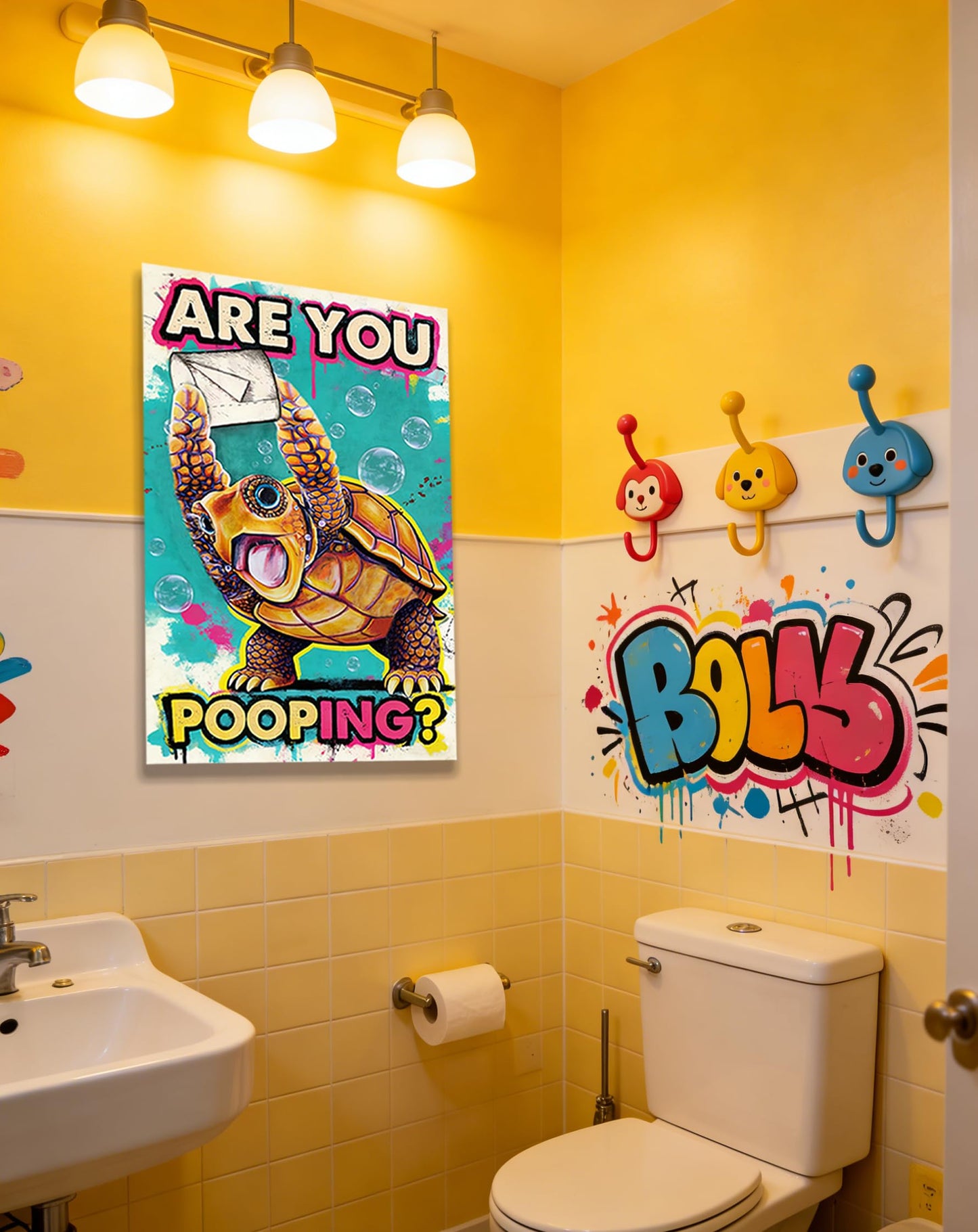 Funny Turtle Bathroom Wall Art Painting, Are You Pooping? Graffiti Humor Canvas Print, Teal Pop Art Bathroom Poster Decor, 16x24 Inch Framed Wall Picture for Bathroom Restroom Toilet Washroom