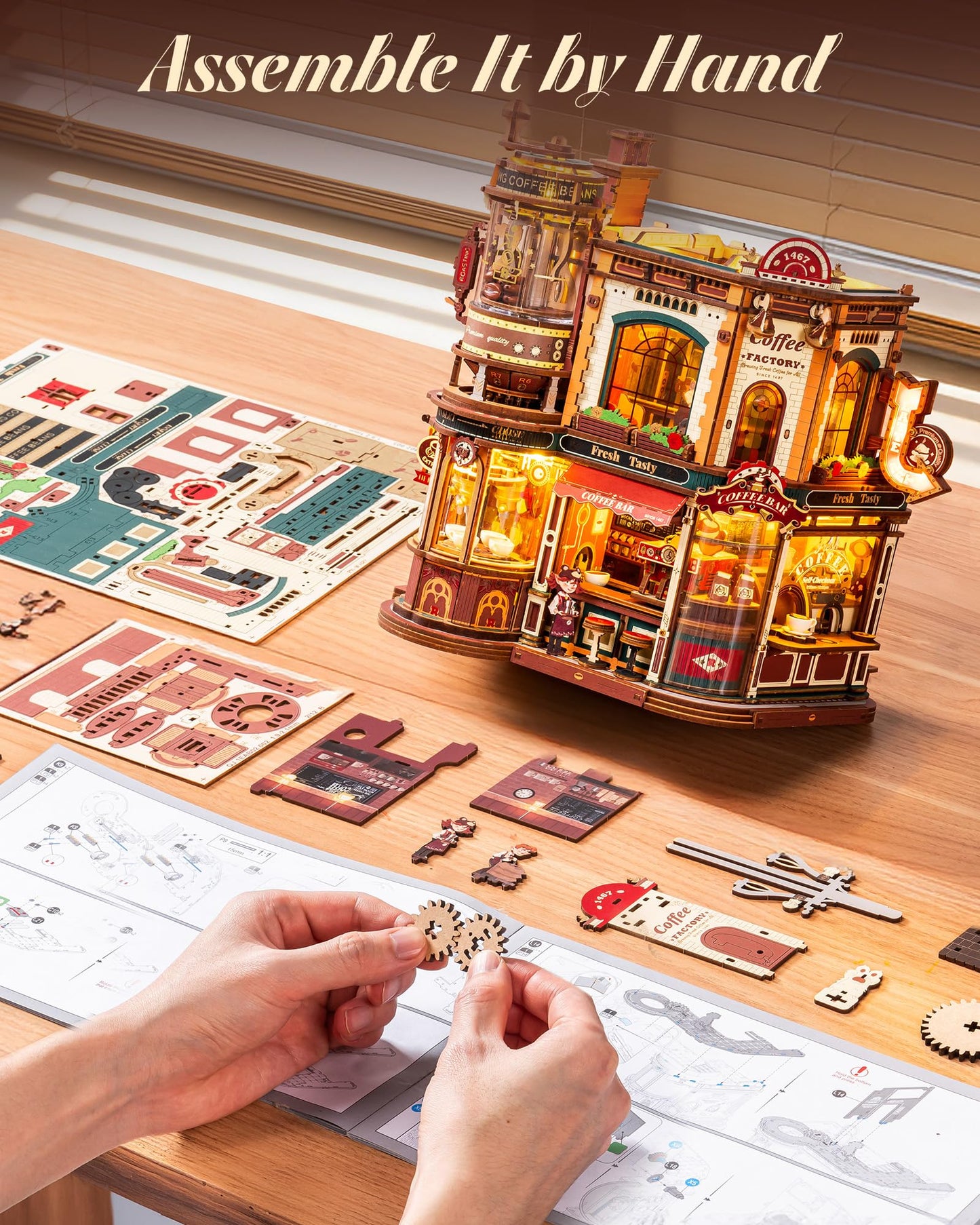 ROKR Dream Coffee Factory, Wooden Music Box Model, Mechanical 3D Wooden Puzzles for Adults, Building Kit with Moving LED Lights, Miniature House Kits, Desk Decor Gift