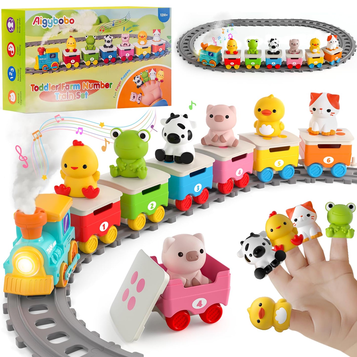 Toddler Toys for 1 2 3 Year Old, Electric Farm Animal Train Set with Music, Lights & Steam, Montessori Counting, Matching & Sorting Learning Toys, Christmas Birthday Gifts for Baby Boys Girls 18M+