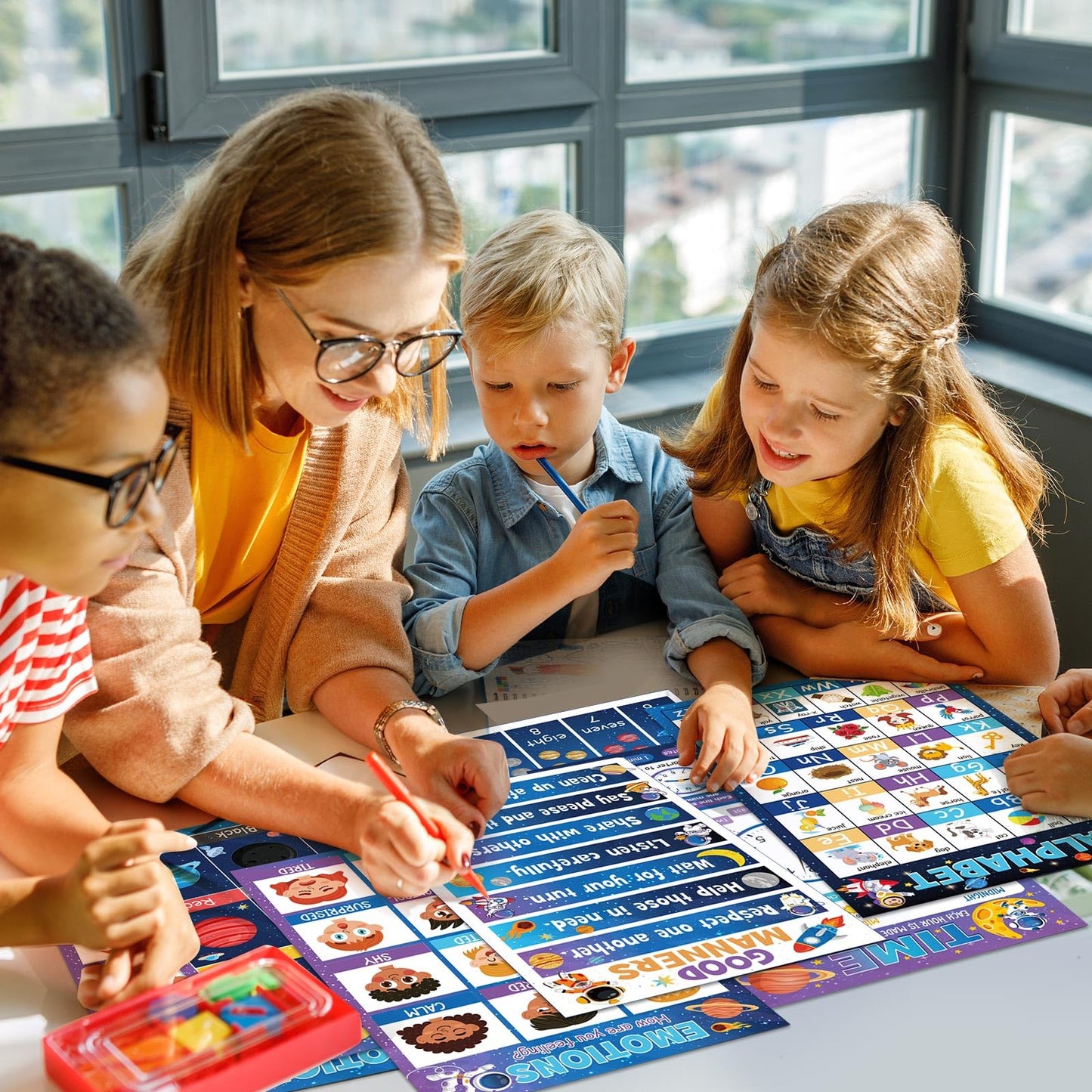 Funrous 18 Pcs Space Educational Posters for Classroom Decorations Preschool Kindergarten Elementary Toddlers Prek Learning Chart Material Us World Map, Abc Alphabet, Shapes, Numbers, Days of The Week