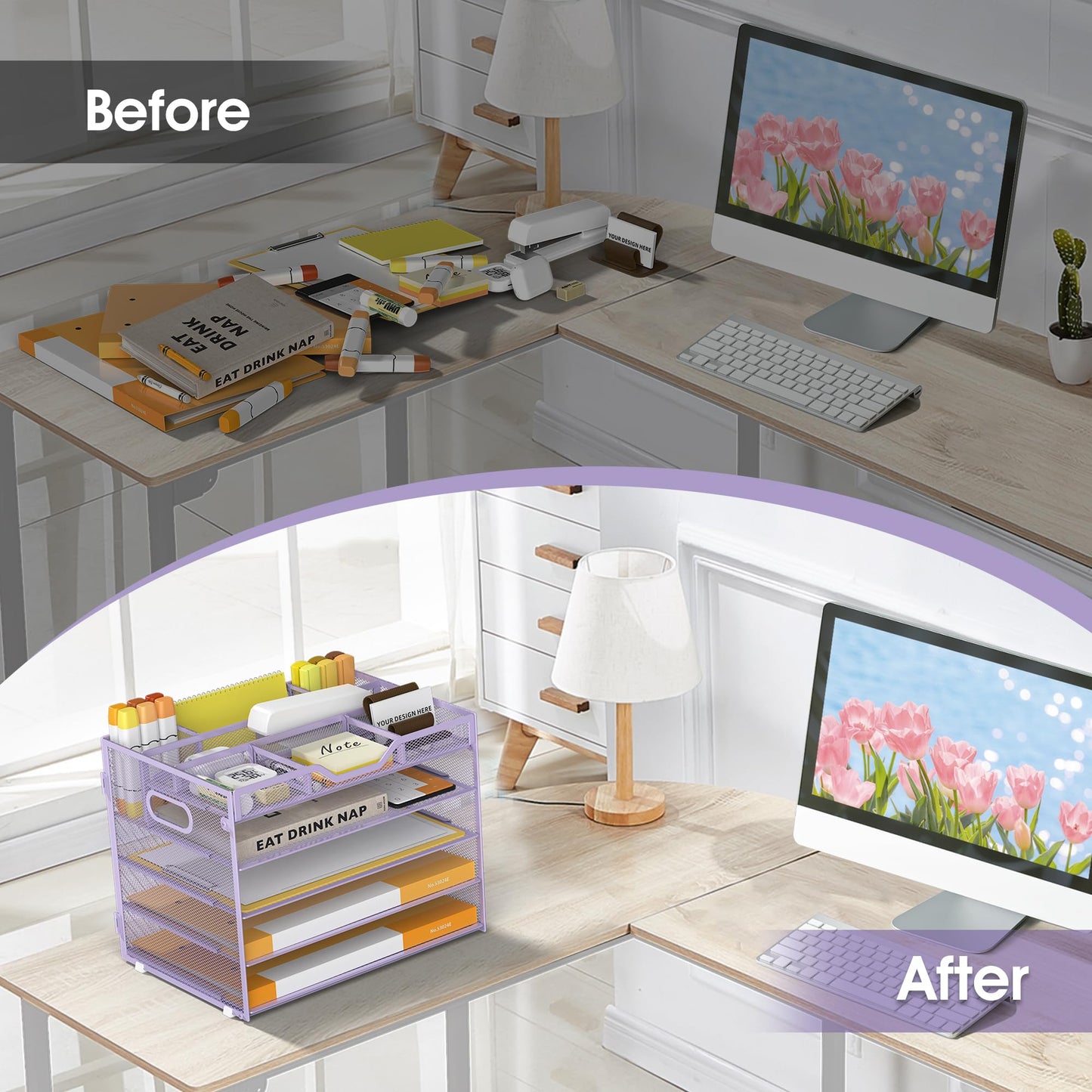 OrgMate 5 Tier Paper Letter Tray with 3 Drop-in Pen Holders, Mesh Desk File Organizer with Handle, Desk Organizers and Accessories for School,Home, Office Supplies Storage-Purple