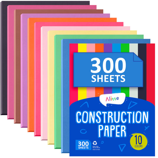 Alitte Construction Paper Assorted Colors - (300 Sheets, 9x12), Craft Paper, 10 Bright Colors - Bulk Pack Arts & Crafts Projects - Colored Paper For Preschool, Home, And Classroom Supplies