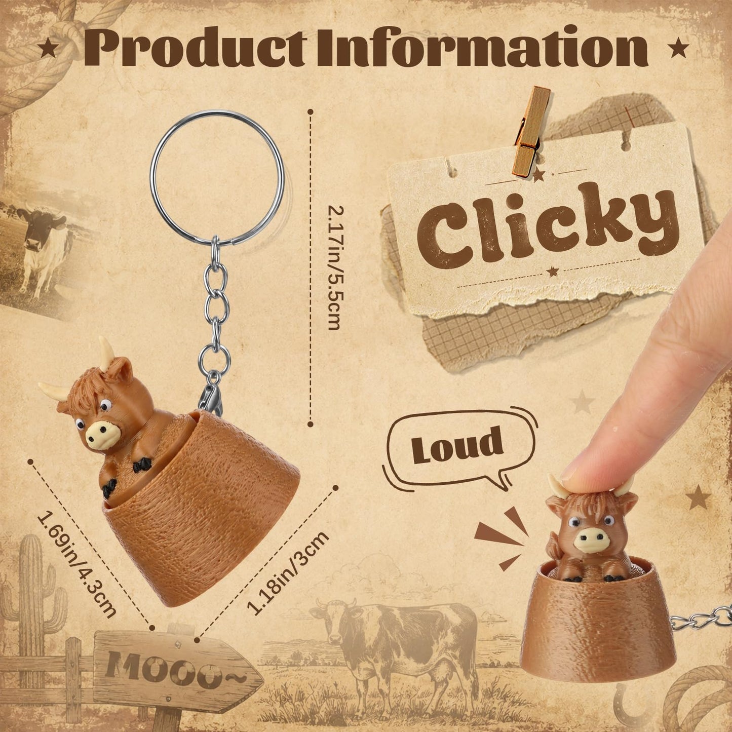Kenning 12 Pcs Highland Cow Clicker Fidget Keychains Bulk 3D Printed Clicker Fidget Toys Stress Relief Cow Keychain Gifts for Highland Lover Animal Theme Birthday Supplies Graduation Party Favors