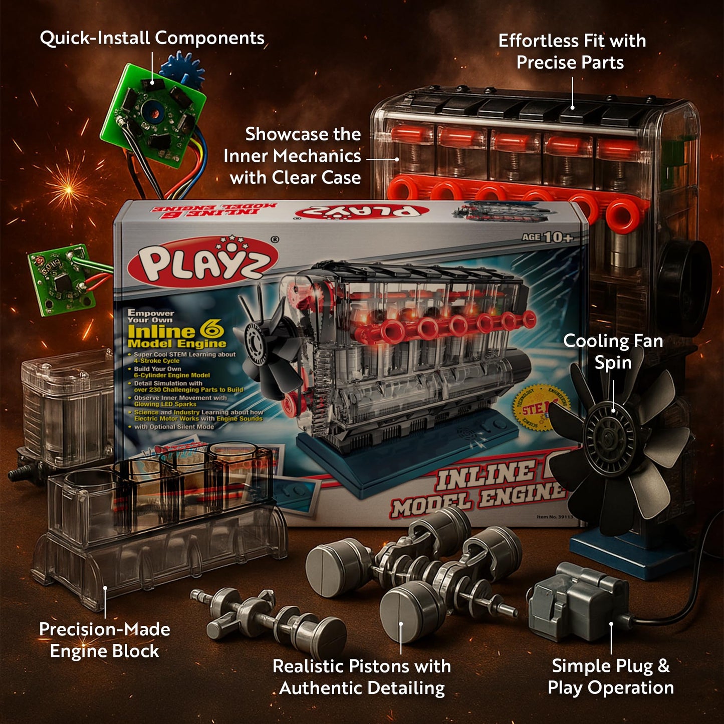 Playz Inline 6 Engine Model Kit - Build Your Own STEM Inline 6 Small Engine that Runs Kit for Adults & Kids Age 10-12+, Visible Inline 6 Mini Engine Kit that Works for Adult w/ 230 STEM Parts