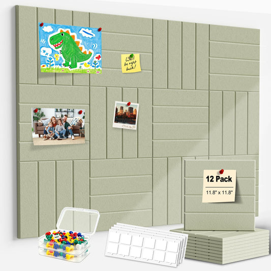 Sesiyoiu 12-Pack Felt Bulletin Board, 47.2" x 35.4" Large Cork Board Alternative for Walls Decor, with 60 Pushpins, 70 Damage-Free, Thick Pin Board for Office, Home, Classroom - Sage Green