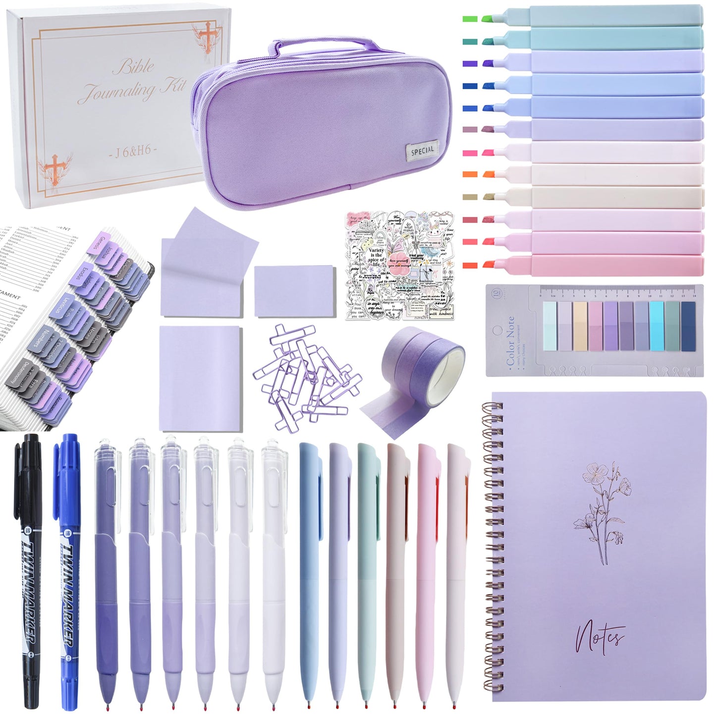 J6&H6 170Pcs Complete Bible Study Supplies Journaling Kit with Tabs, Highlighters and Color Pens, Notebook,Stickers & More Bible Accessories Set for Women, Beginner Christian Gifts(Purple)
