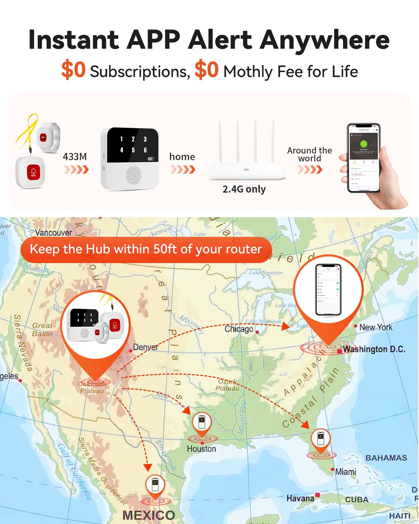 PILSAMAS WiFi Caregiver Pager Smart Call System - Display Caller ID & App Alerts, No Monthly Fee, IP65 Waterproof Wristband + 2 Call Buttons, Emergency Alert Button for Elderly at Home & Nursing Care
