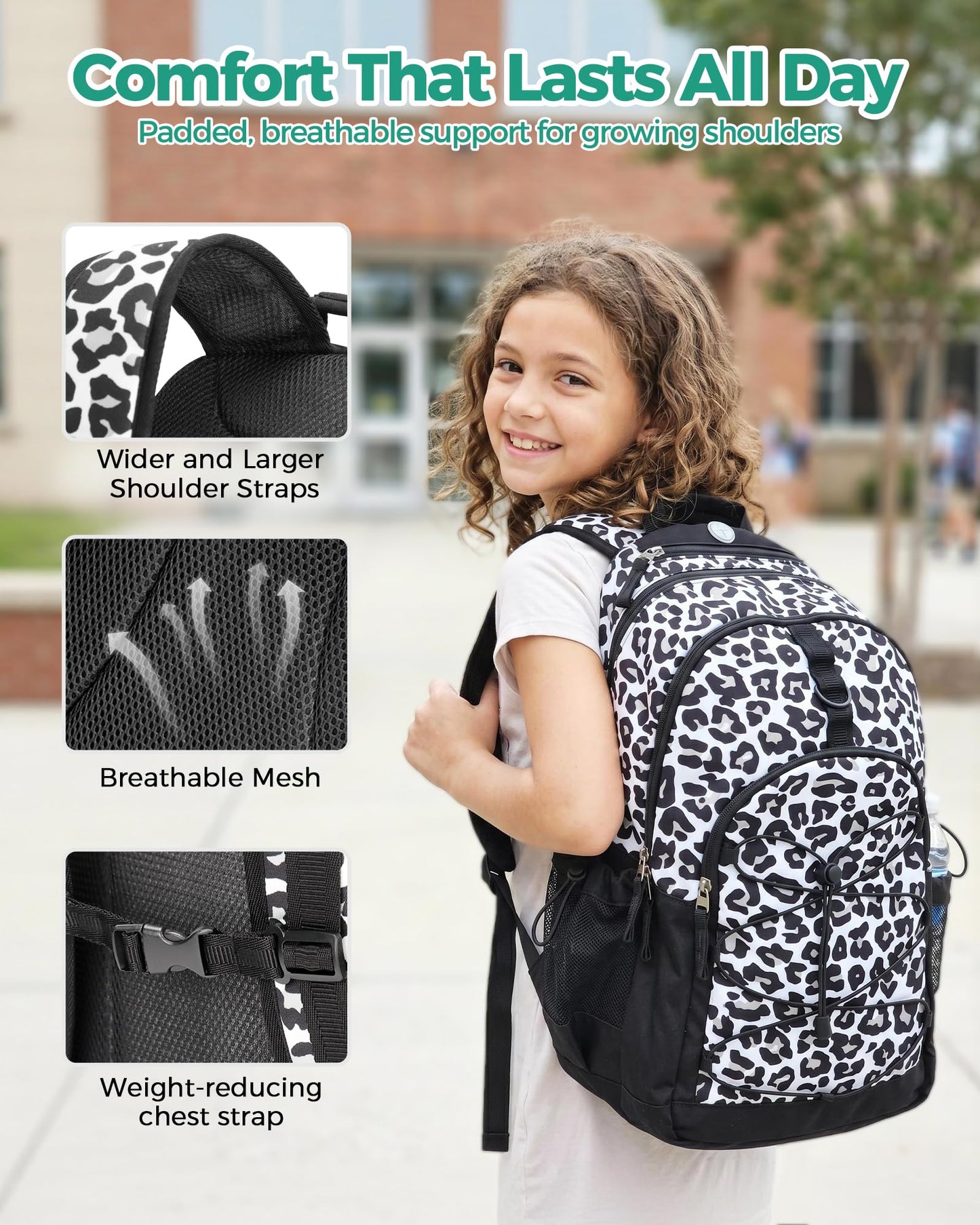 Choco Mocha Snow Leopard Backpack for Teen Girls, Travel School Backpack for Girls Middle School Large Bookbag 18 Inch, Black