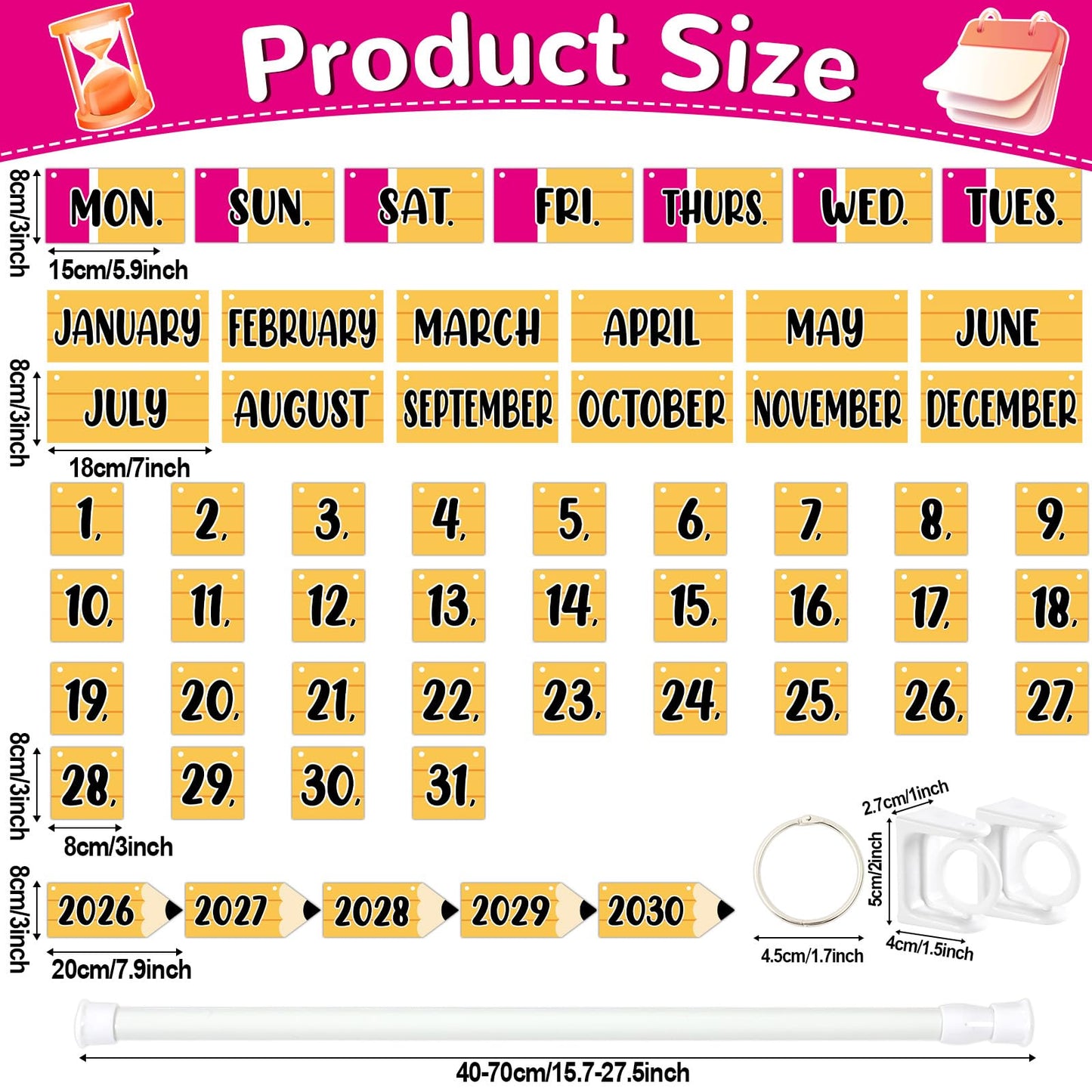 Pencil Flip Calendar Bulletin Board Set Pencil Calendar for Classroom Whiteboard Decor with 2026 to 2030 Years Date Cards and Adjustable Rod for Home Elementary Back to School Teacher Supplies