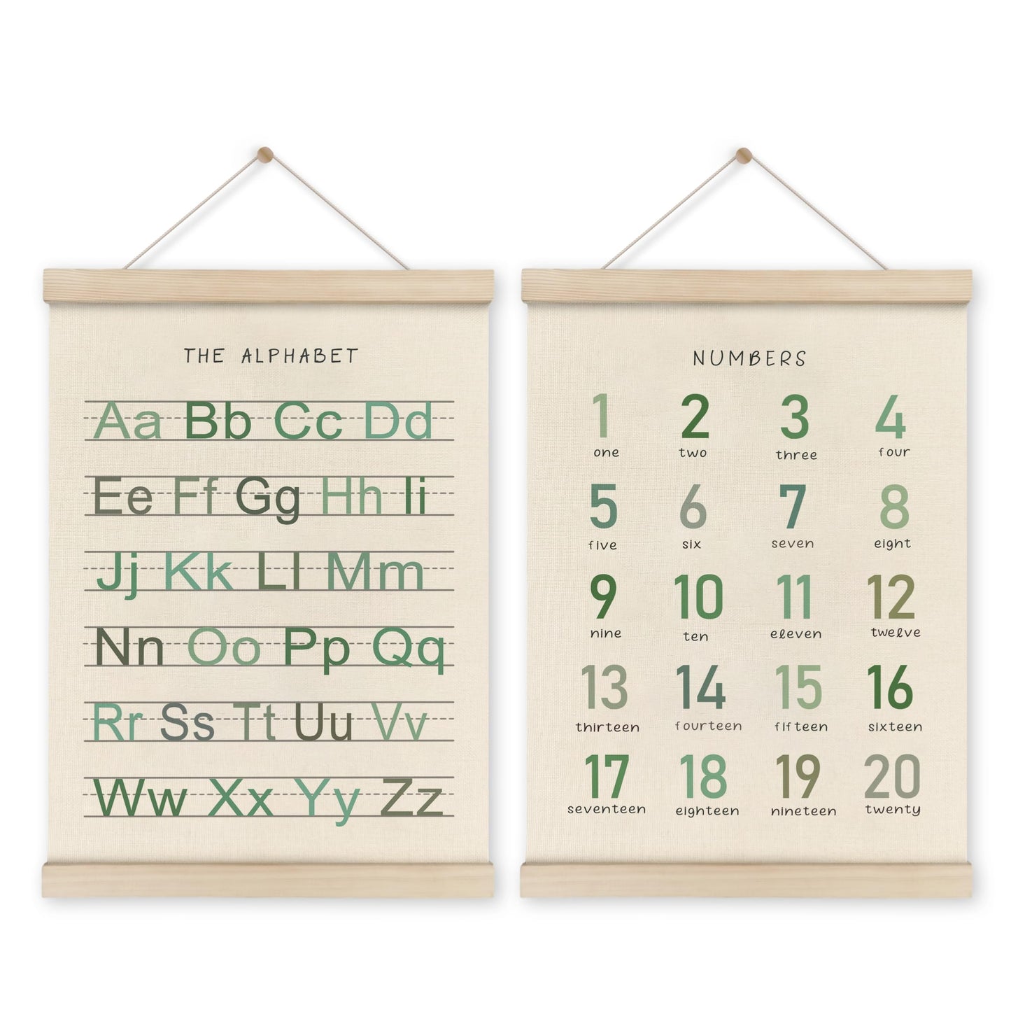 HRQKO Alphabet Numbers Poster Hanger Frame Set of 2, Nursery Wall Decor, Boho ABC Poster Wall Art with Wooden Frames, Sage Green Alphabet Banner Wall Hanging Decor for Toddler Playroom, 12x16 Inch
