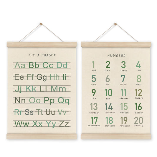 HRQKO Alphabet Numbers Poster Hanger Frame Set of 2, Nursery Wall Decor, Boho ABC Poster Wall Art with Wooden Frames, Sage Green Alphabet Banner Wall Hanging Decor for Toddler Playroom, 12x16 Inch