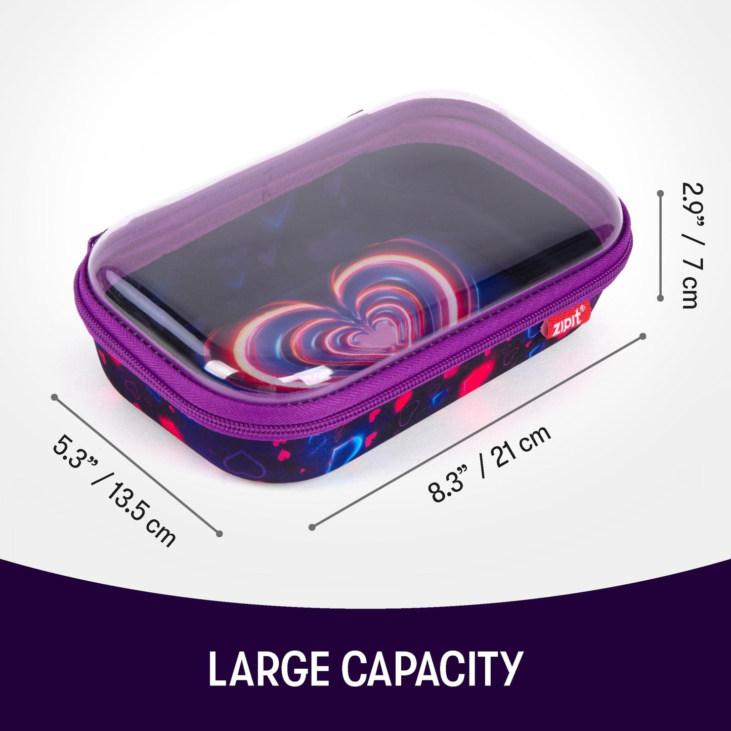 ZIPIT Clear Top Pencil Case for Kids, Durable Pencil Box for School, Large Capacity Stationery Organizer Box, Heart
